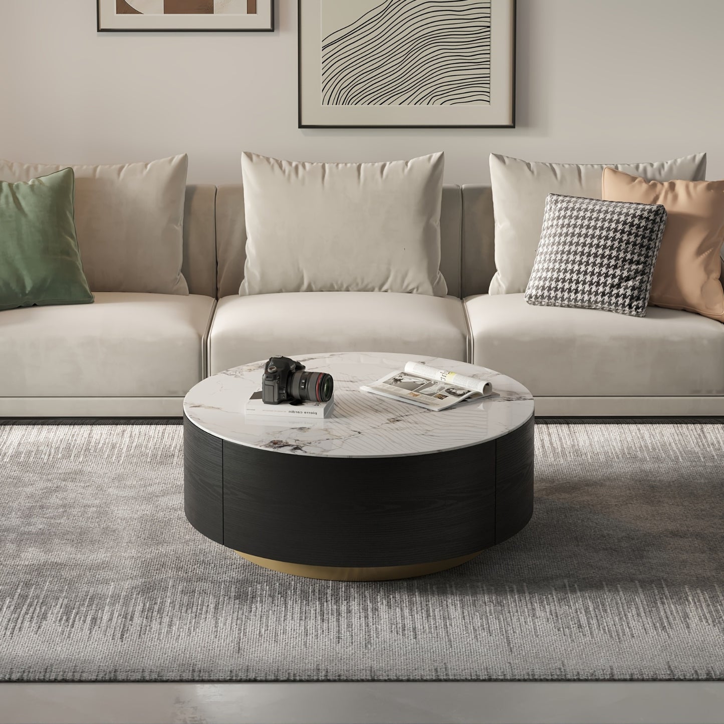 1pc Sdorens Modern Round Coffee Table with 2 Drawers - Sintered Stone Top, Golden Base, Wood Construction, Independent Center Table for Living Room, Fully Assembled, Black, Under 27\