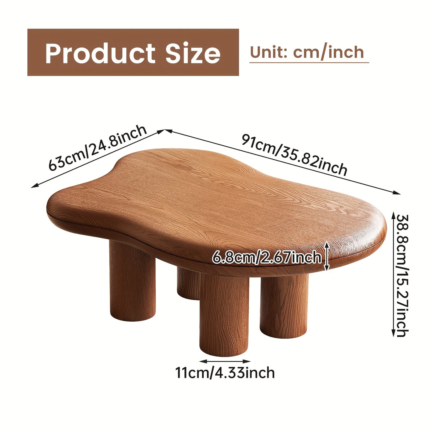Modern Walnut Coffee Table with Cloud-Inspired Irregular Design - Lightweight Engineered Wood, 4-Legged Compact Center Table for Living Room & Bedroom, Easy Assembly
