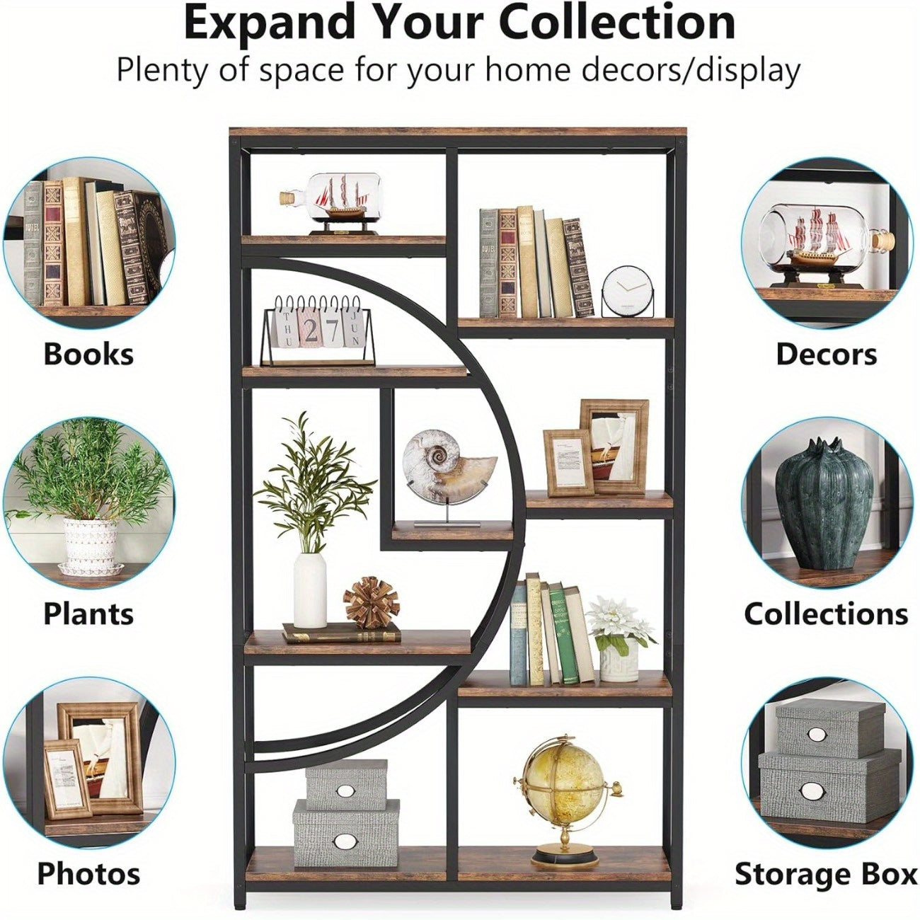 Industrial Bookshelf Tall 5 Tier Industrial Bookshelf - Freestanding Display Shelf Storage Organizer with 9-Open Storage Shelf for Living Room, Bedroom, Standing Shelf