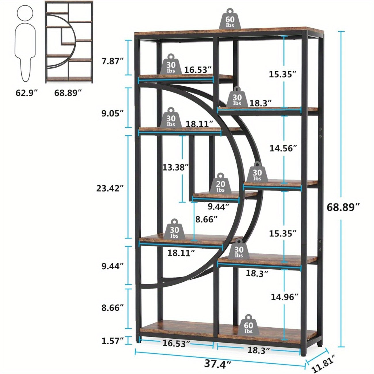 Industrial Bookshelf Tall 5 Tier Industrial Bookshelf - Freestanding Display Shelf Storage Organizer with 9-Open Storage Shelf for Living Room, Bedroom, Standing Shelf