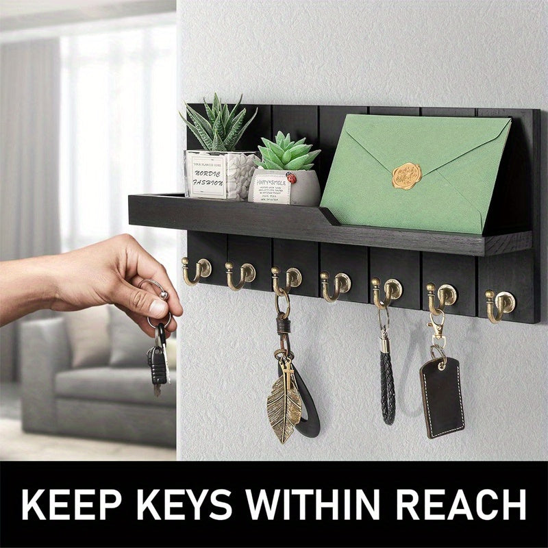 1pc Wall Mounted Wooden Key Rack with 7 Key Hooks Wall Mounted Storage Rack, Entry Key Rack Shelf, Mail Decorations Sundries Multi-Purpose Storage Organizer, Home Design Shelf for Family Room Wall Decoration