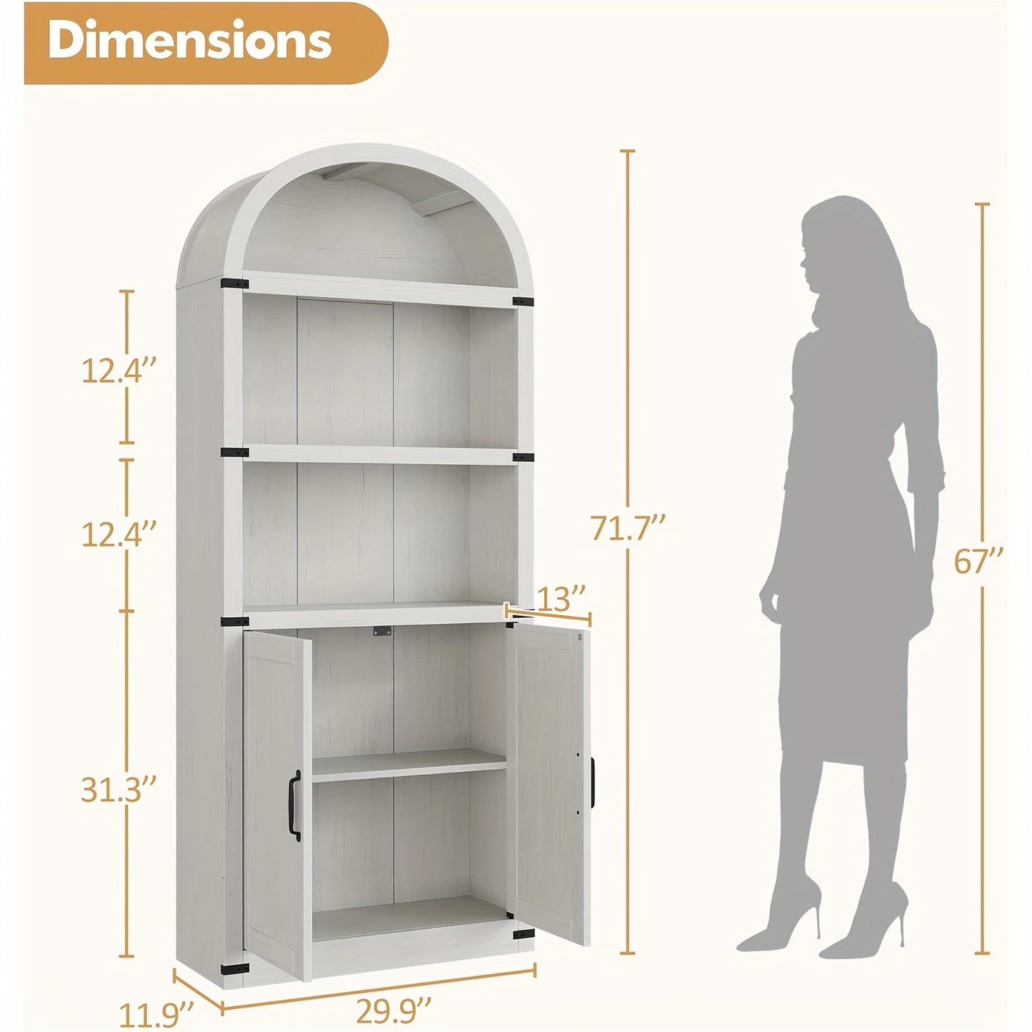 Farmhouse Cabinet with Shelves Bookcase with Doors Arched Bookshelf 71.65 Inch High Bookcase for Home Office, Living Room