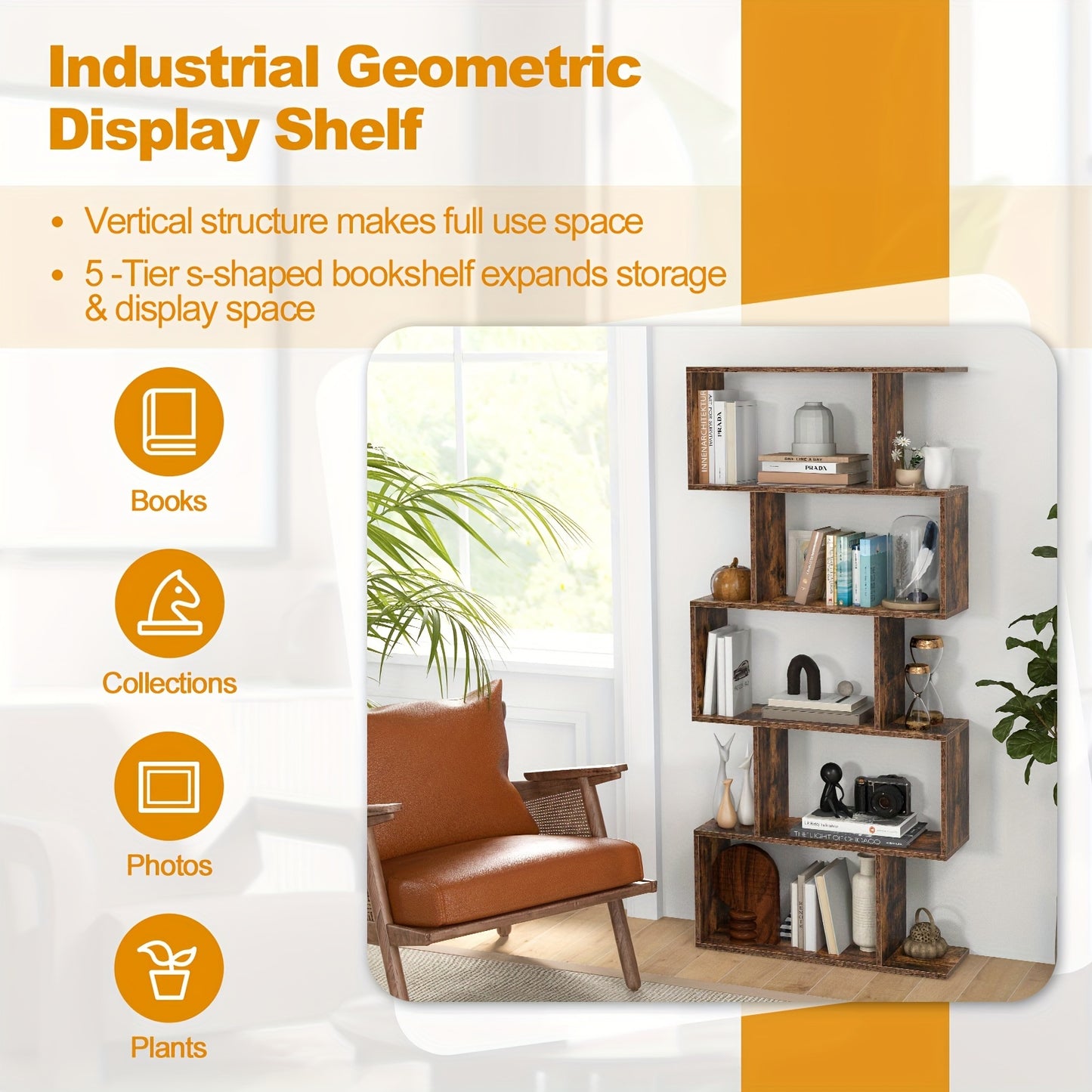5-Tier Geometric S-Shaped Bookcase, Rustic Wooden Room Divider Storage Display Shelf, 62.5\