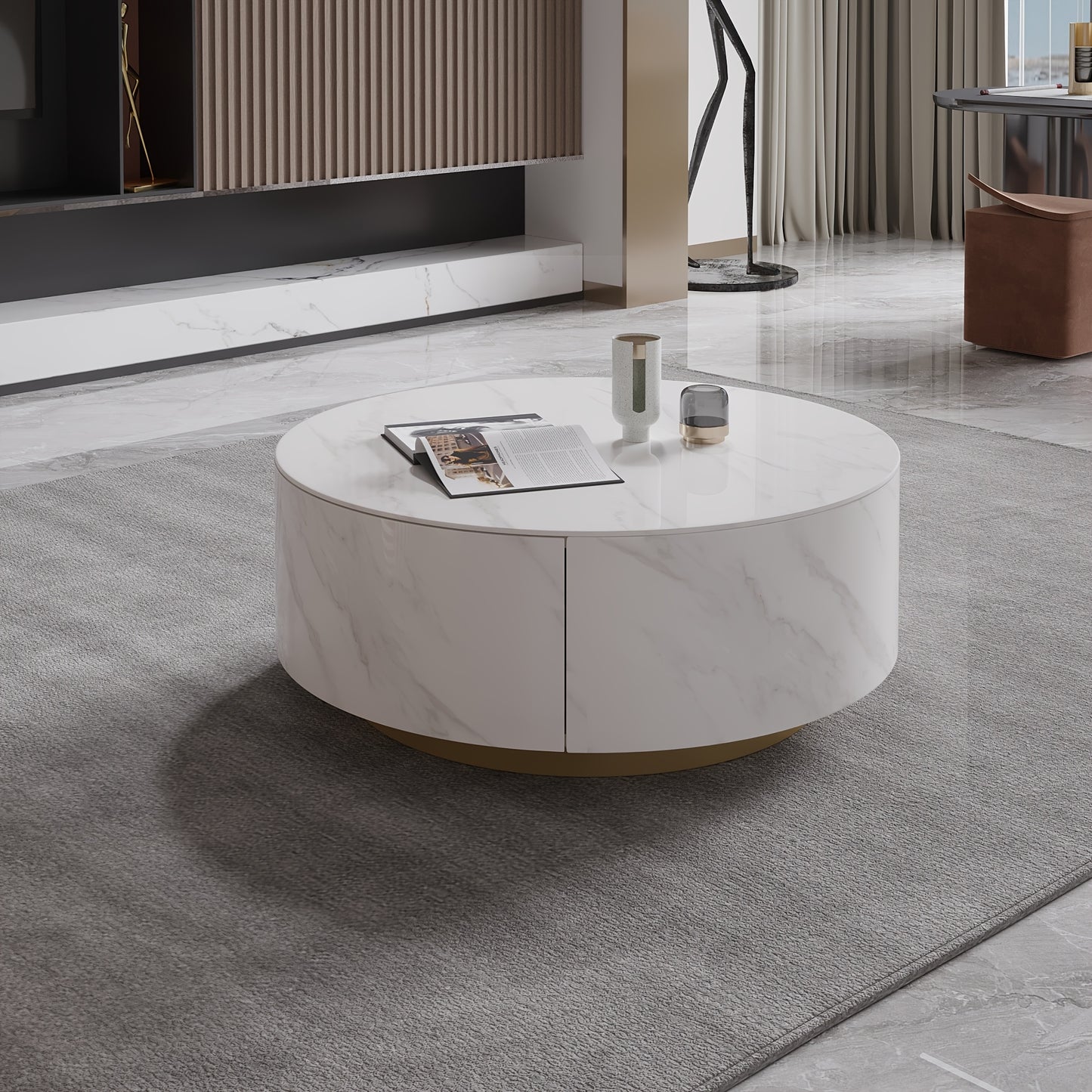 1pc Sdorens Modern Round Coffee Table with 2 Drawers - Sintered Stone Top, Golden Base, Wood Construction, Independent Center Table for Living Room, Fully Assembled, Black, Under 27\