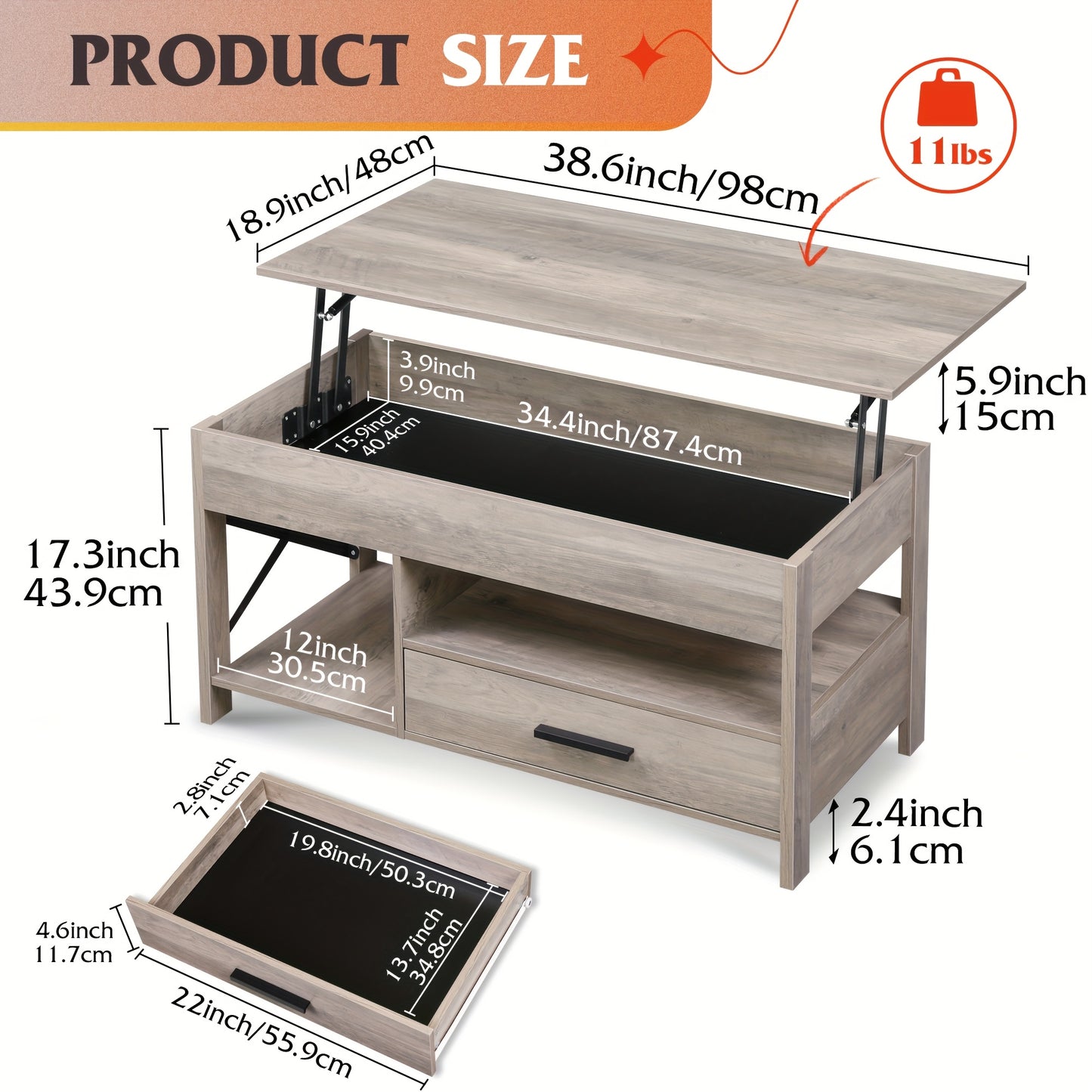 Lift Top Coffee Table for Living Room, Coffee Table with Storage, Hidden Compartment And Metal Frame, Central Table for Reception Room