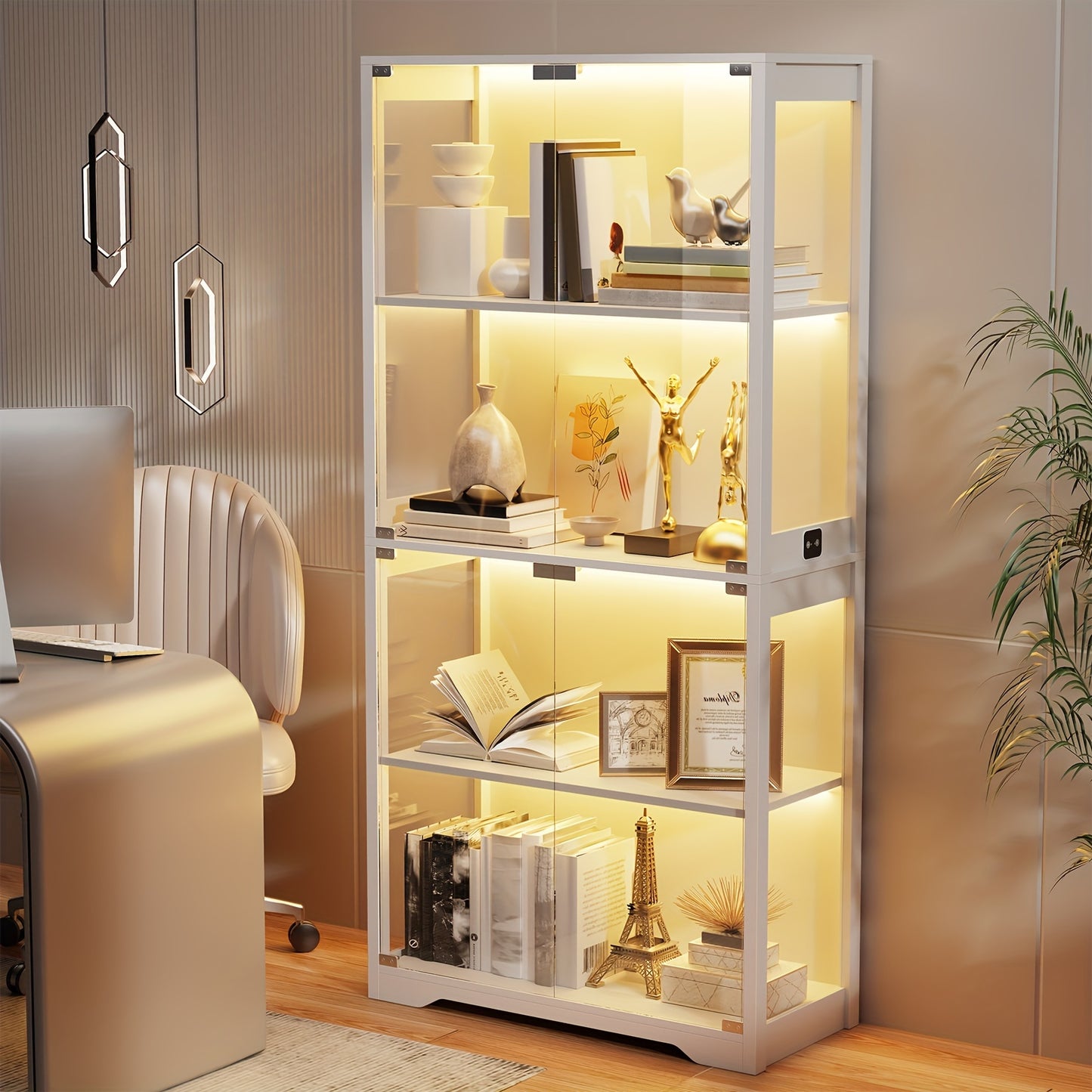 Antique Display Cabinet Antique Display Cabinet with Glass Door, 3-Color Light, 4-Layer Bookshelf - Suitable for Collectors, Game Room, Bedroom, Study