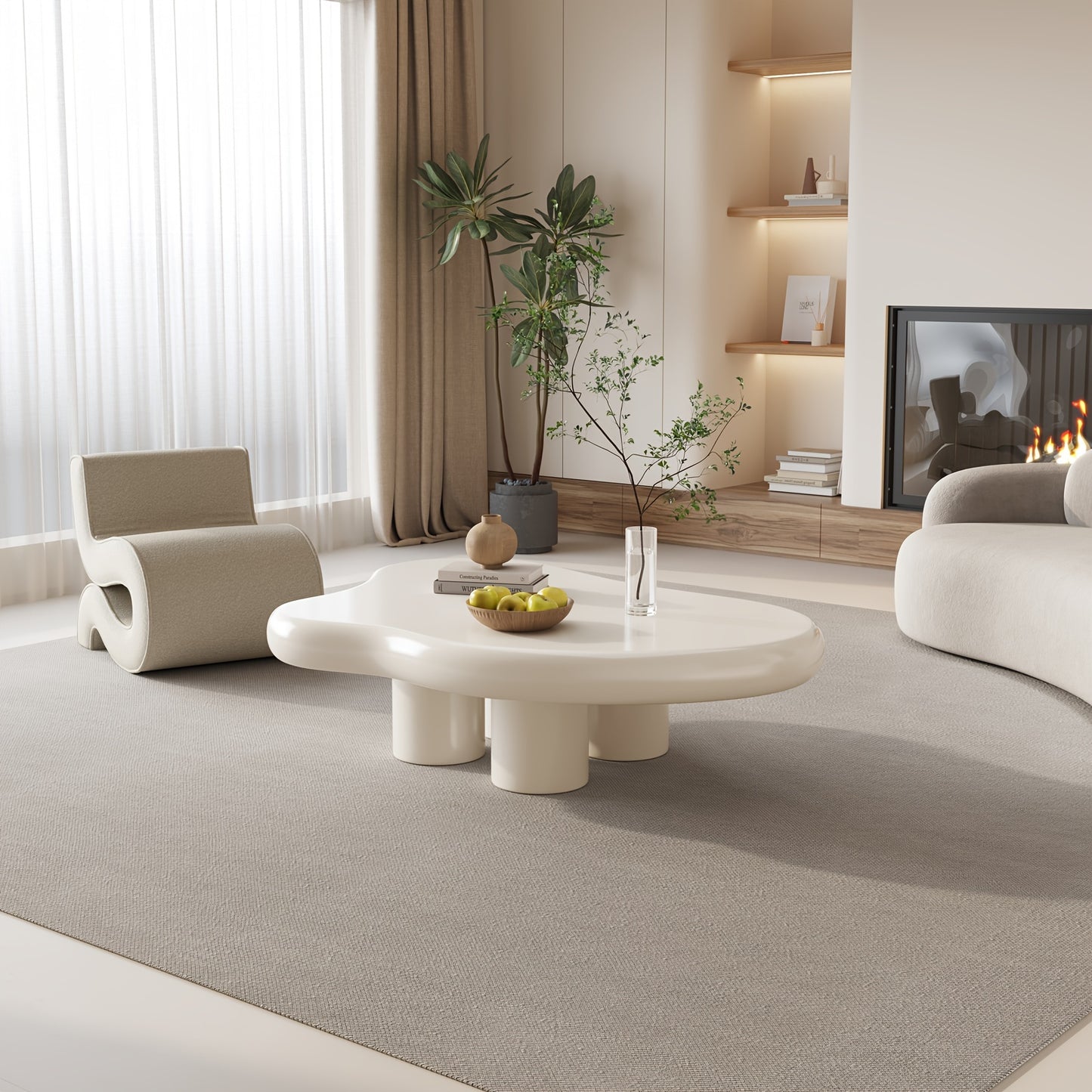 Modern White Cloud Tea Table - Unique Irregular Shape, 4-Leg Design for Living Room or Coffee Area, 35.82 Inches, Minimalist Style with Rounded Edges and Sleek Finish APPLE