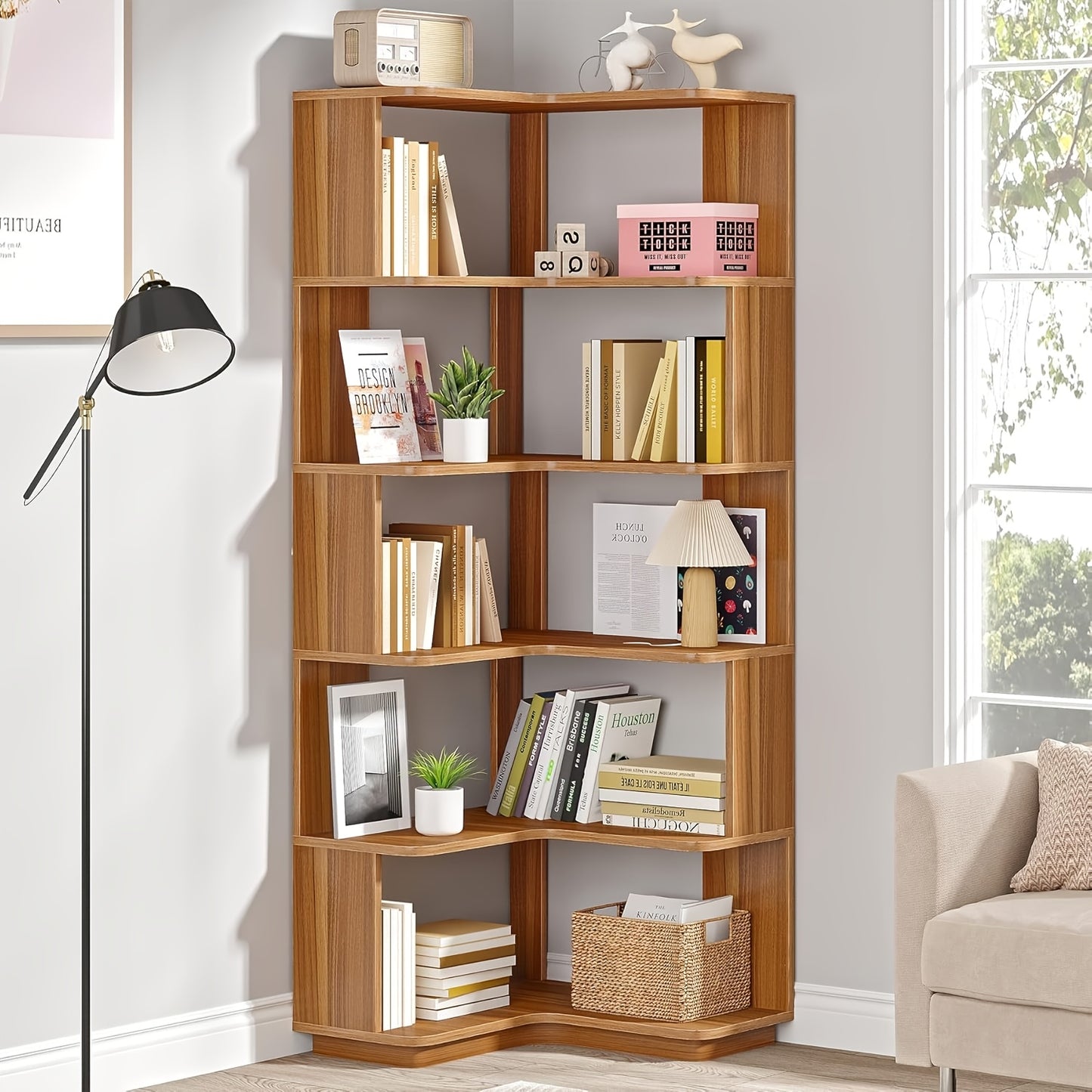 6 Tier Corner Bookshelf, 64.9 Inches Tall Industrial L Shaped Bookcase With Anti-Drop Panel, Freestanding Wood Grain Shelf Display Rack Storage Organizer For Home Office