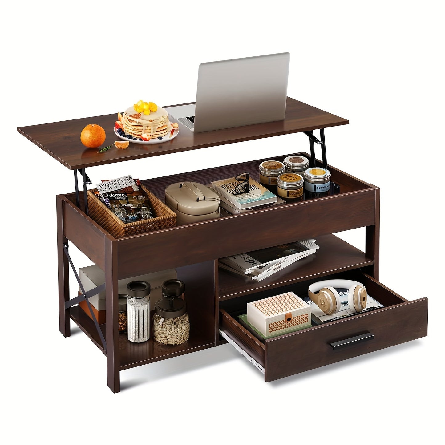 Lift Top Coffee Table for Living Room, Coffee Table with Storage, Hidden Compartment And Metal Frame, Central Table for Reception Room