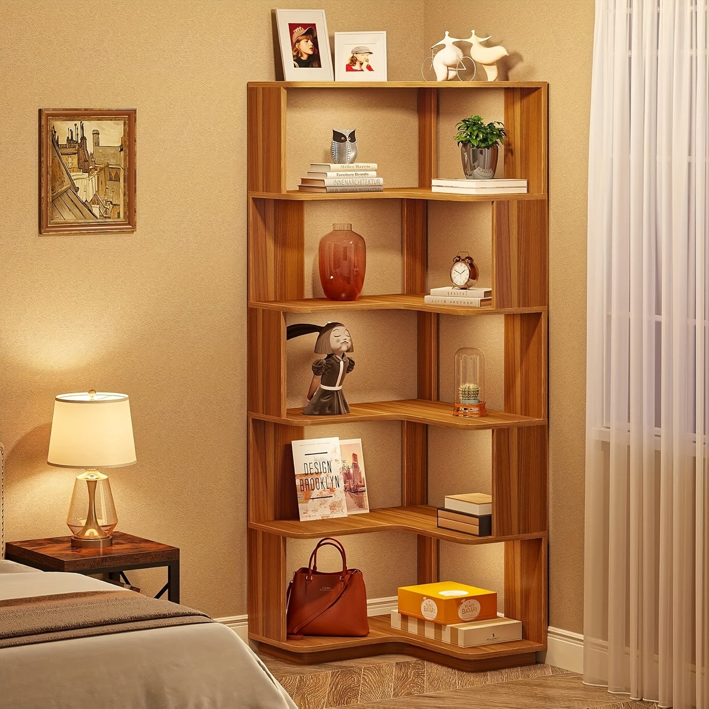 6 Tier Corner Bookshelf, 64.9 Inches Tall Industrial L Shaped Bookcase With Anti-Drop Panel, Freestanding Wood Grain Shelf Display Rack Storage Organizer For Home Office