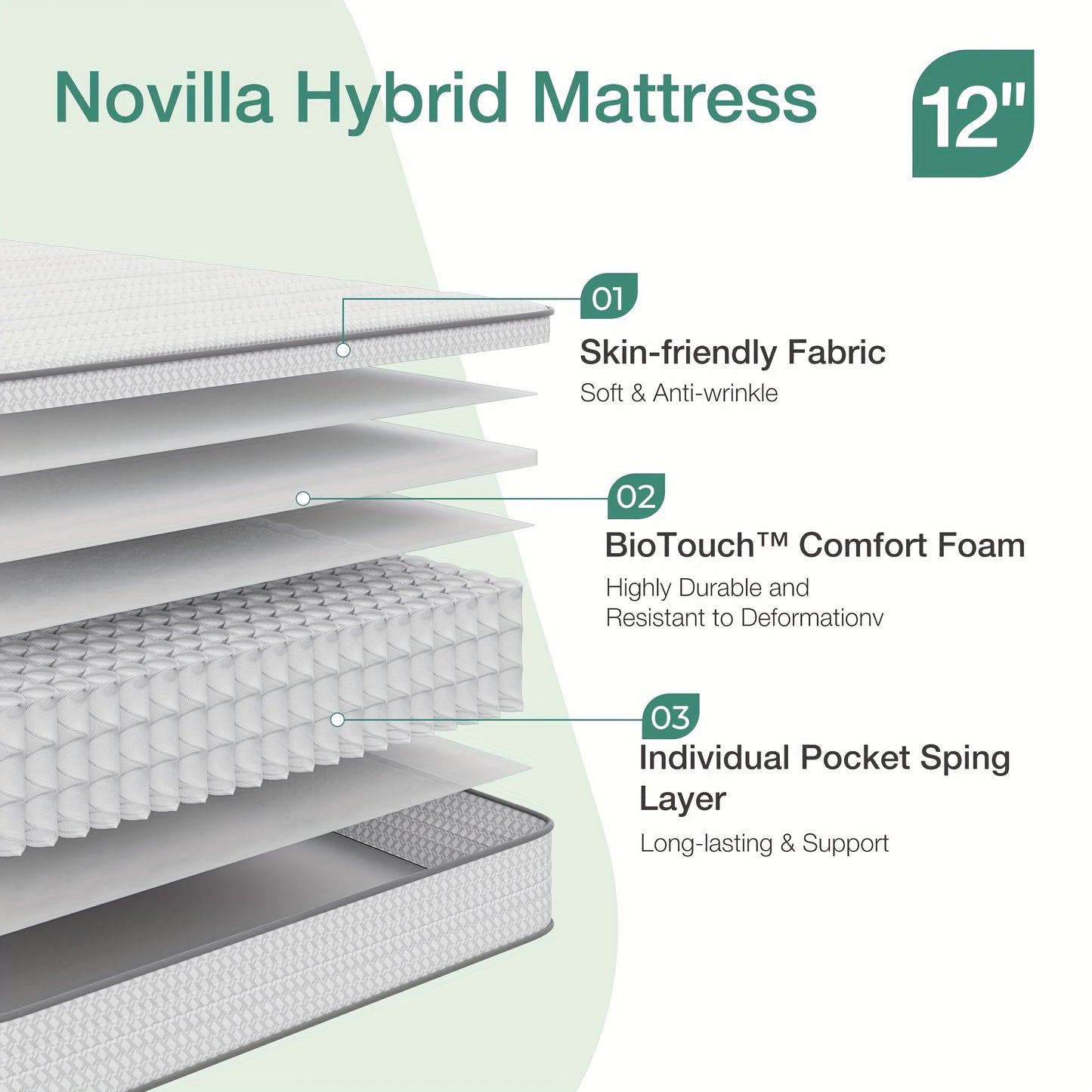 8 10 12 14 Inch Novilla Pocket Spring Hybrid Foam Mattress, Plush Mattress, SmartS Coil, Pillow Top Design And Motion Isolation, Ultra Plush Noah Pocket Spring Mattress, Mattress Single Size