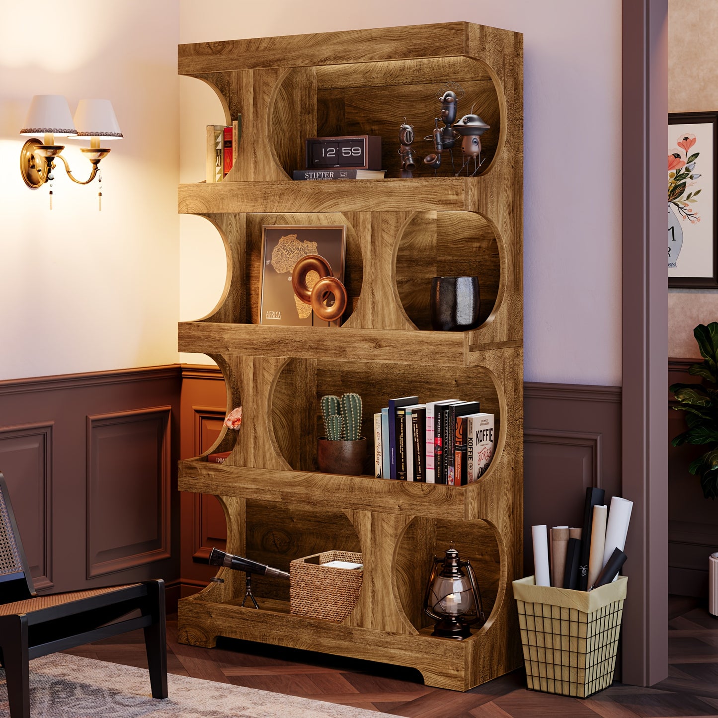 Modern Wooden Bookshelf 71-inch Heavy-Duty Modern Wooden Bookshelf - Dark Brown\u002FWood Grain, Space-Saving Design for Living Room, Office, Library - Sturdy Construction & Easy Assembly Required, Bookshelf Decor