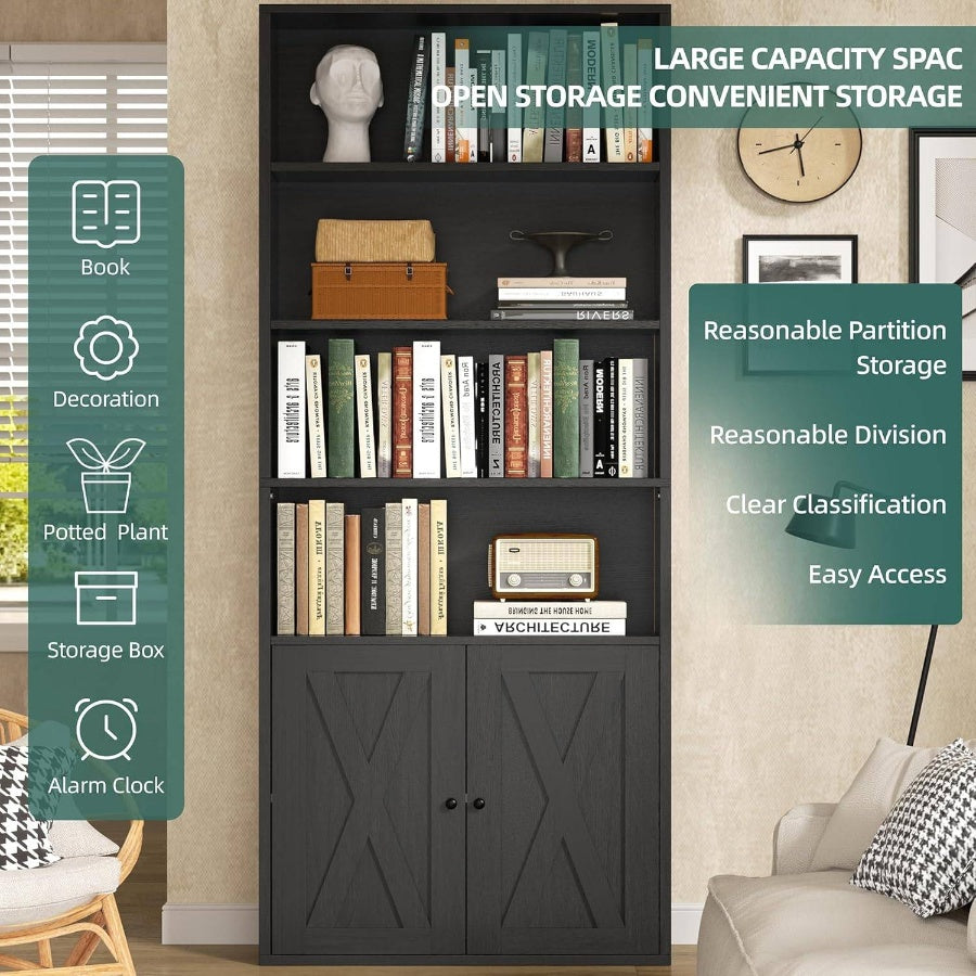 Bookshelf, Industrial Bookshelves and Bookcases with Floor Standing 6 Shelf Display Storage Shelves 70.6 inches Tall Bookcase Home Office, Living Room Black