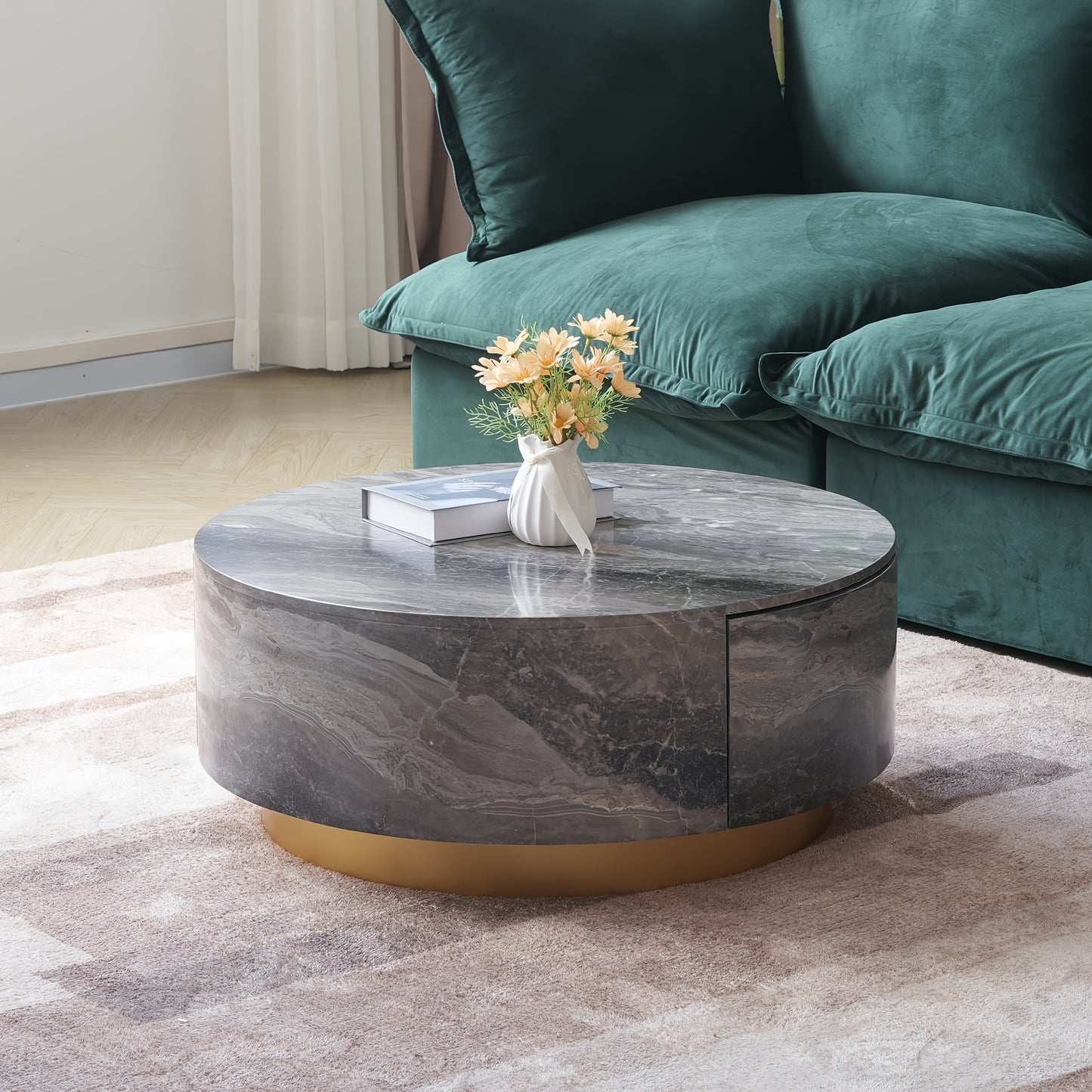 1pc Sdorens Modern Round Coffee Table with 2 Drawers - Sintered Stone Top, Golden Base, Wood Construction, Independent Center Table for Living Room, Fully Assembled, Black, Under 27\