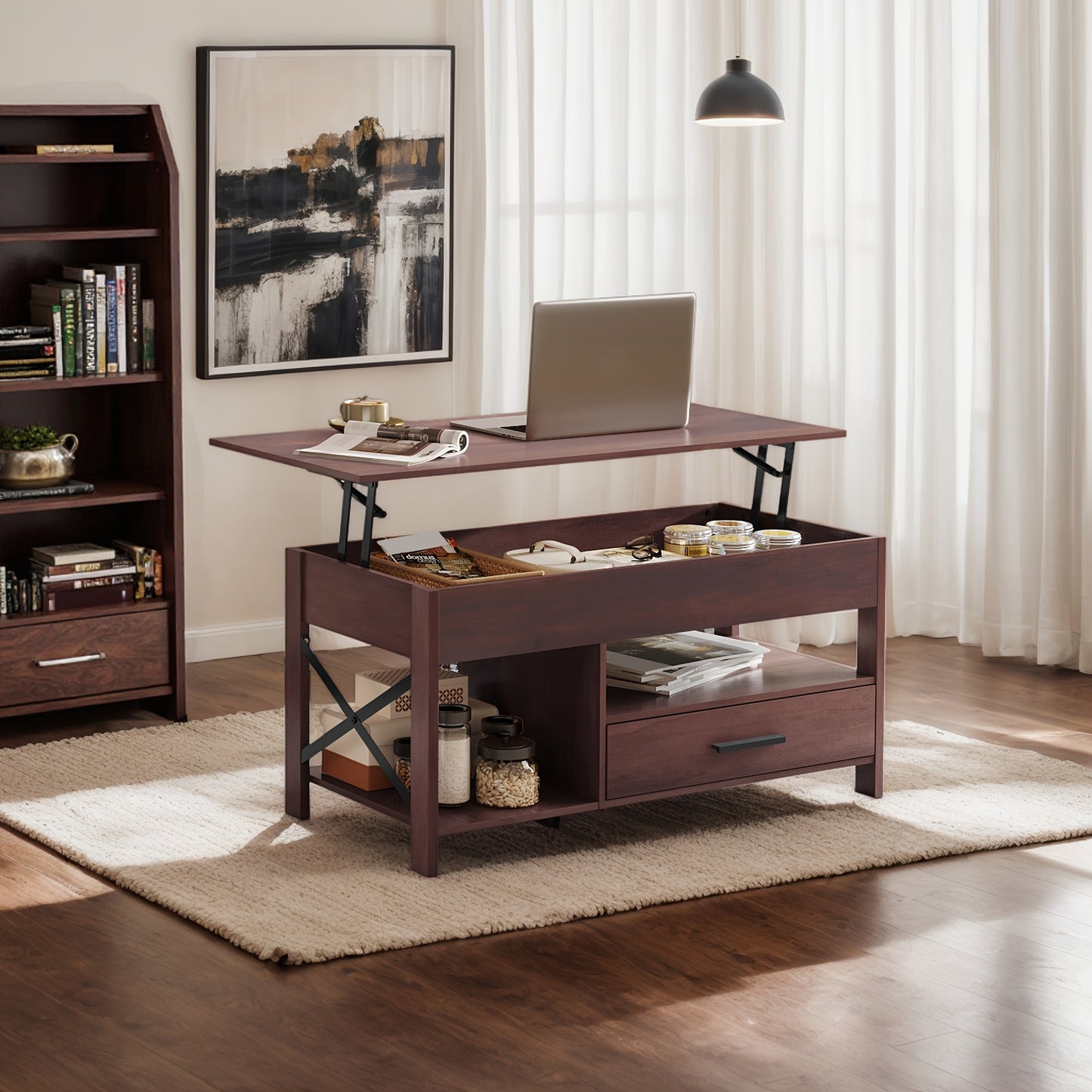 Lift Top Coffee Table for Living Room, Coffee Table with Storage, Hidden Compartment And Metal Frame, Central Table for Reception Room