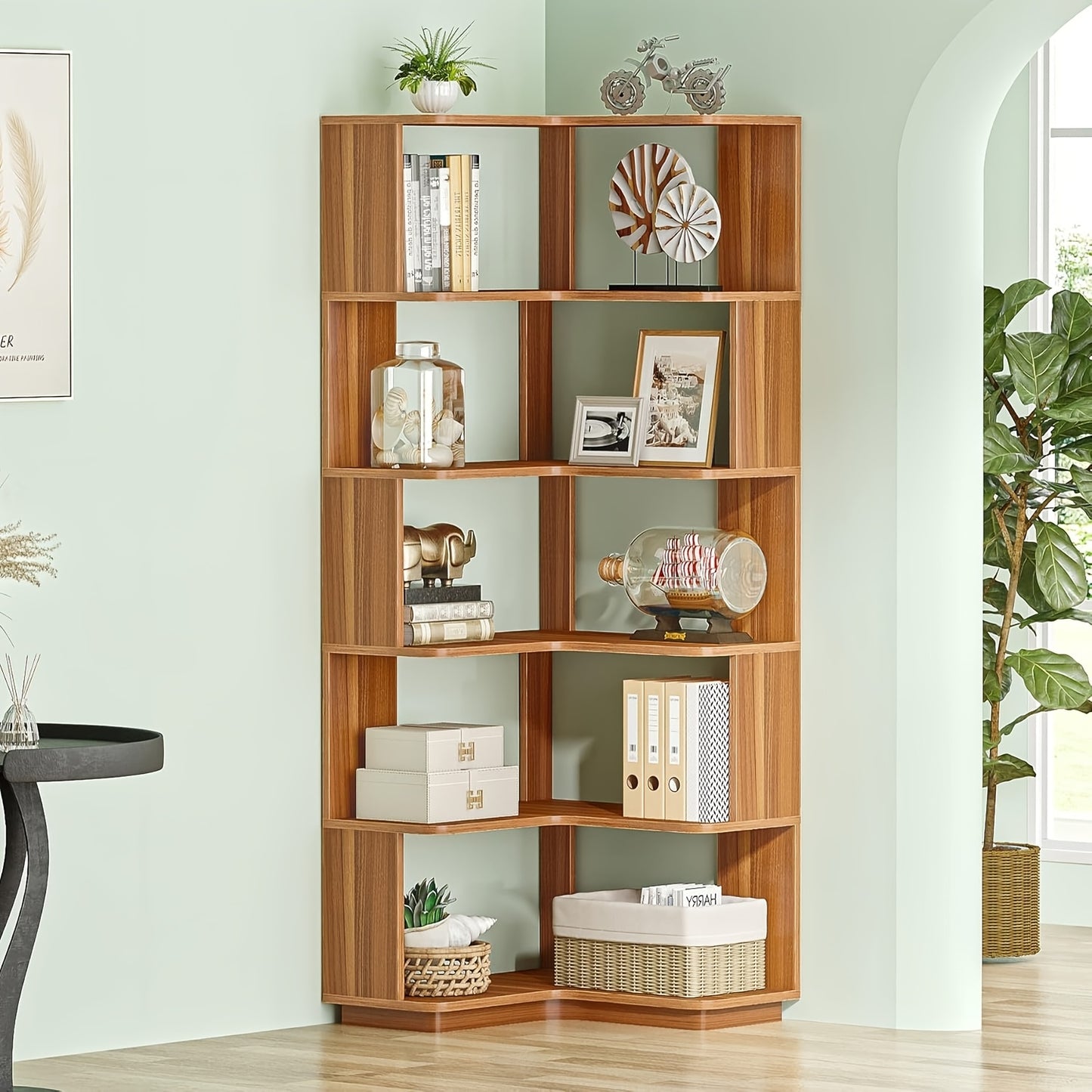 6 Tier Corner Bookshelf, 64.9 Inches Tall Industrial L Shaped Bookcase With Anti-Drop Panel, Freestanding Wood Grain Shelf Display Rack Storage Organizer For Home Office
