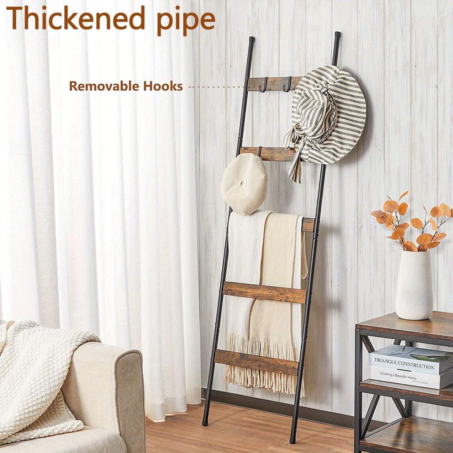 Blanket Ladder, 5 Tier Blanket Holder with 10 Removable Hooks, Farmhouse Style Blanket Ladder for Living Room Bathroom, Decorative Wall Mounted Wooden Quilt Standing Towel Drying Storage Rack