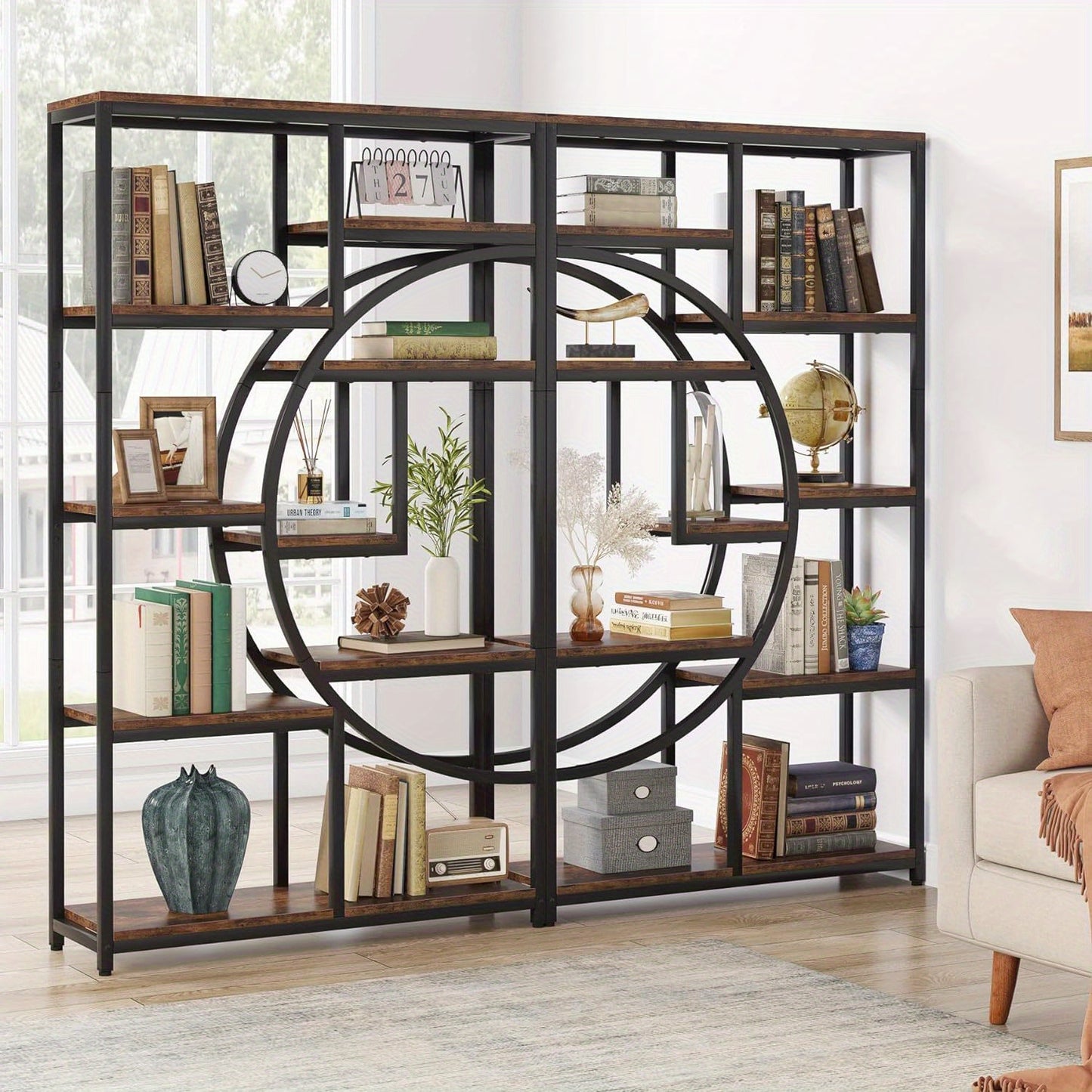 Industrial Bookshelf Tall 5 Tier Industrial Bookshelf - Freestanding Display Shelf Storage Organizer with 9-Open Storage Shelf for Living Room, Bedroom, Standing Shelf