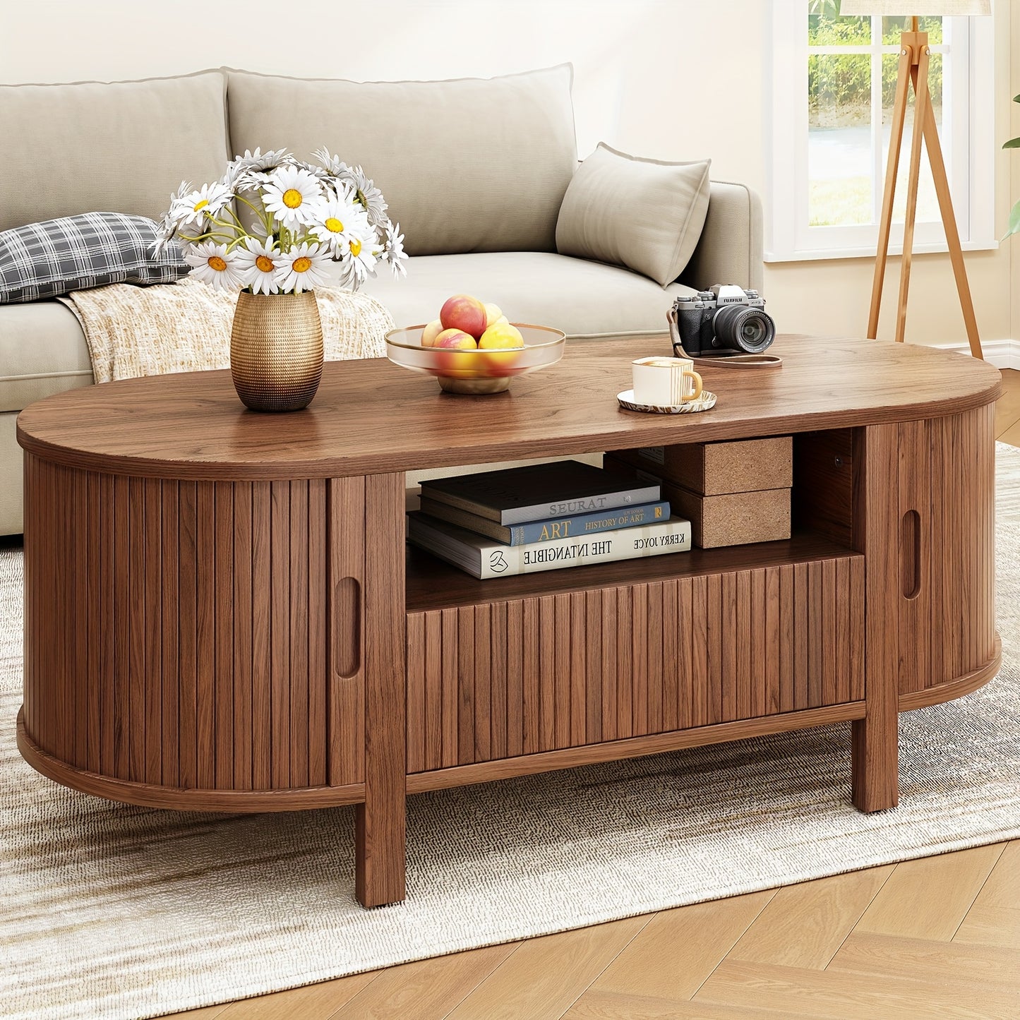 47.2 Inch Oval Coffee Table With Storage, Mid Century Modern Coffee Table With Drawer, Center Tables With Sliding Door And Wood Fluted Handle For Living Room, Walnut\u002FBlackNatural White
