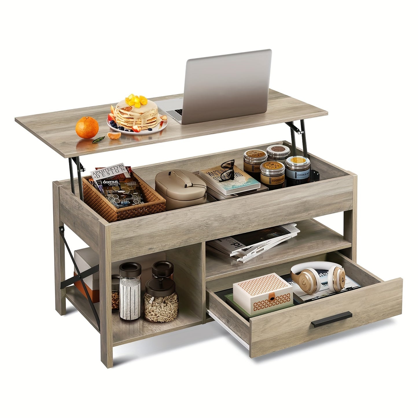 Lift Top Coffee Table for Living Room, Coffee Table with Storage, Hidden Compartment And Metal Frame, Central Table for Reception Room