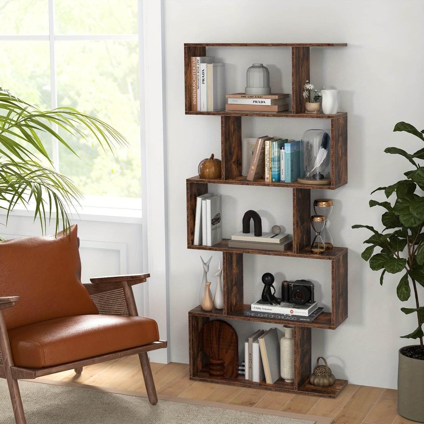 5-Tier Geometric S-Shaped Bookcase, Rustic Wooden Room Divider Storage Display Shelf, 62.5\