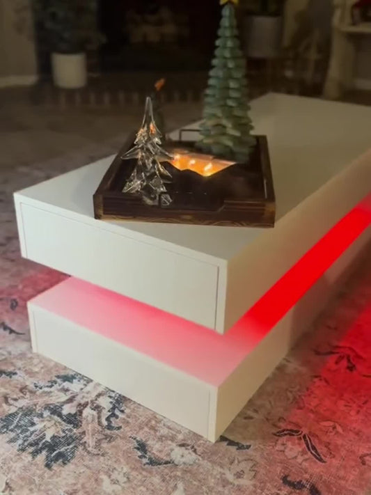 White LED Coffee Table with 2 Storage Drawers, Modern High Gloss Coffee Table w\u002F20 Colors LED Lights, 2 Tiers Rectangle Center Table for Living Room with Marbling Print, APP Control, Black