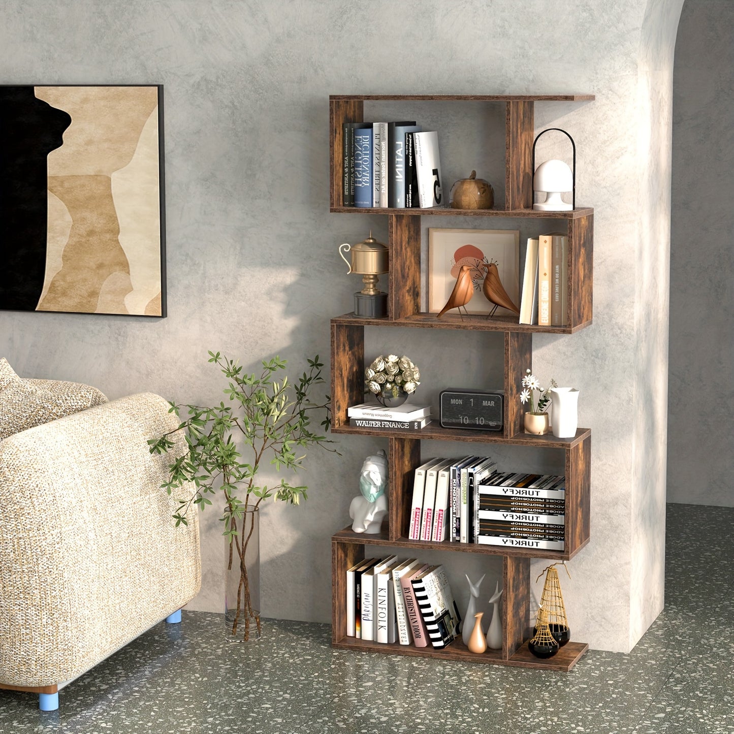 5-Tier Geometric S-Shaped Bookcase, Rustic Wooden Room Divider Storage Display Shelf, 62.5\