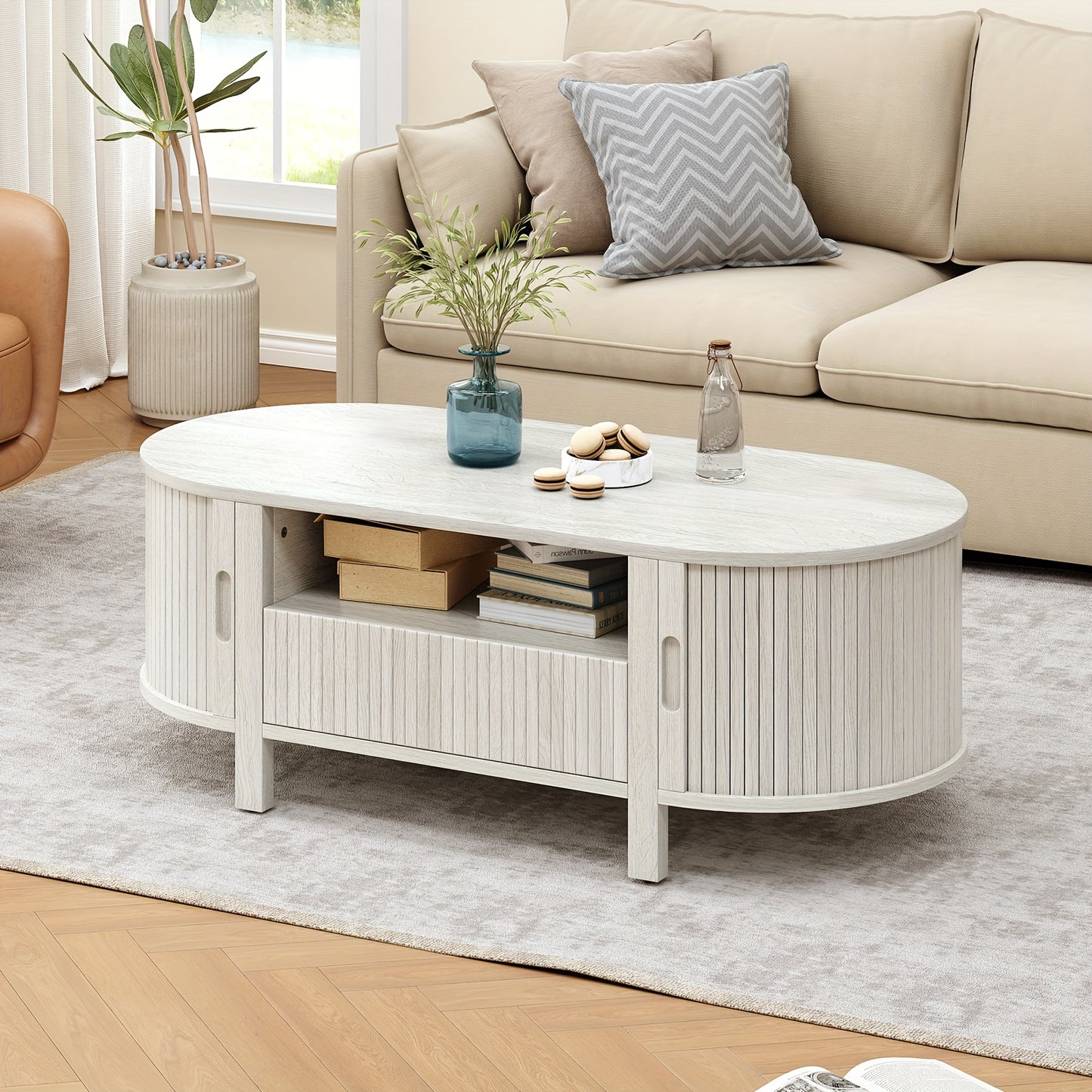 47.2 Inch Oval Coffee Table With Storage, Mid Century Modern Coffee Table With Drawer, Center Tables With Sliding Door And Wood Fluted Handle For Living Room, Walnut\u002FBlackNatural White