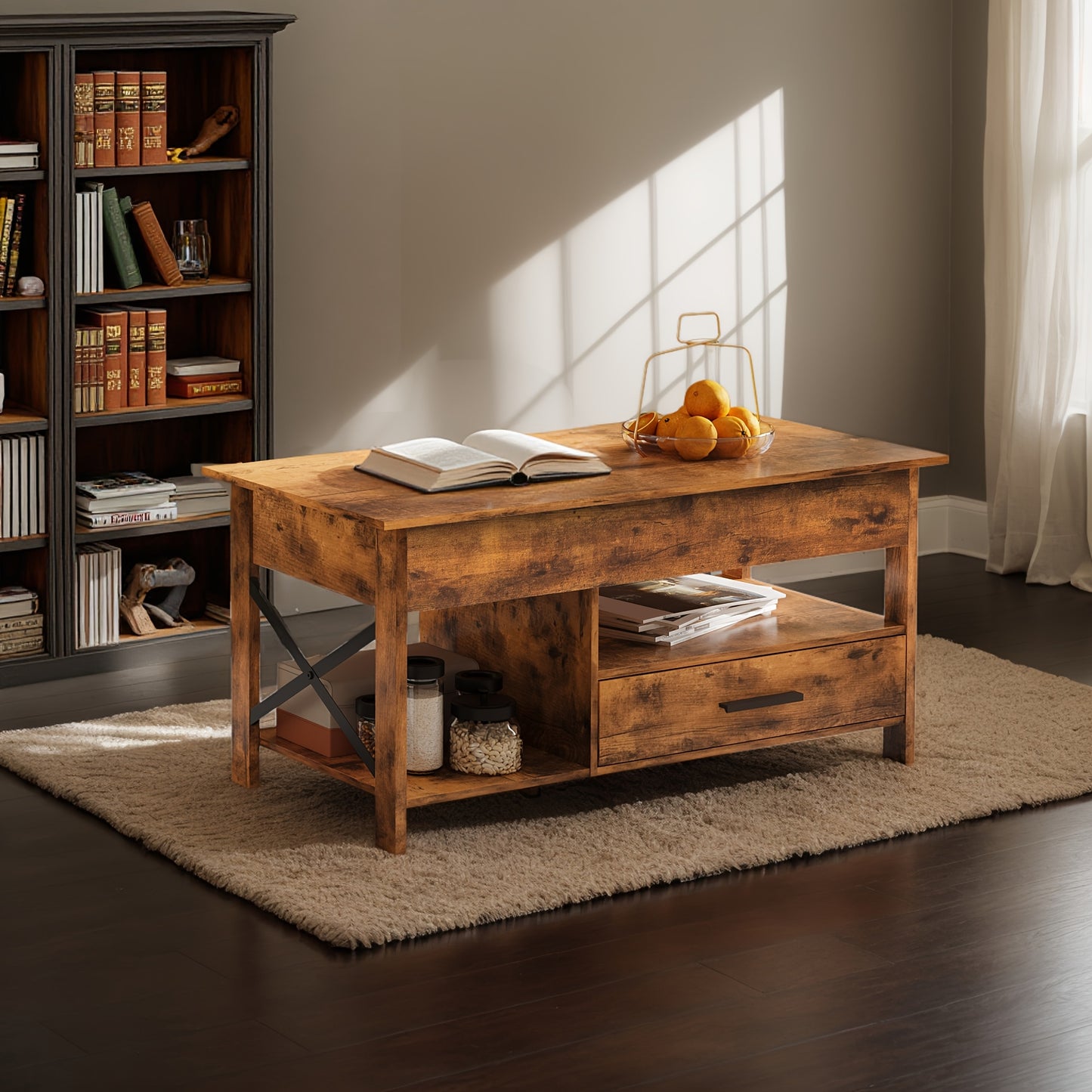 Lift Top Coffee Table for Living Room, Coffee Table with Storage, Hidden Compartment And Metal Frame, Central Table for Reception Room