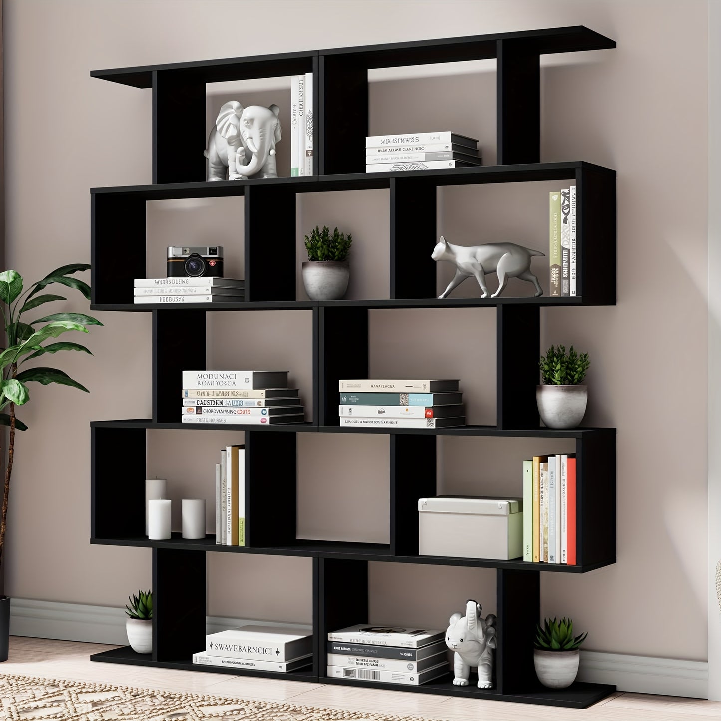 Aurorome 5-Tier Wooden Geometric S-Shaped Bookcase, Set Of 2 Storage Rack with Open Shelves, Shelving for Plant Album, Trinket Display, Spacious Storage Display Shelf - 62.5\