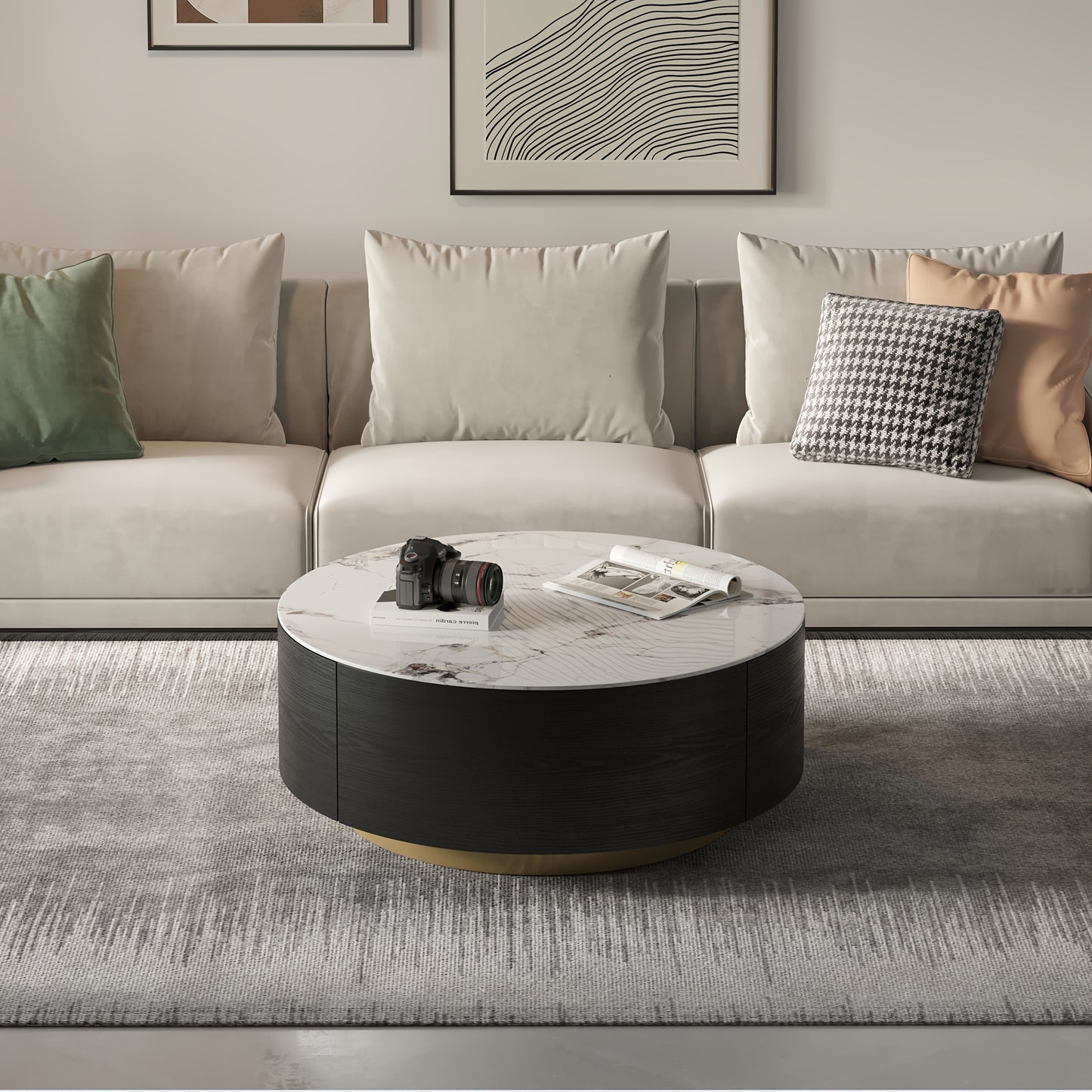 1pc Sdorens Modern Round Coffee Table with 2 Drawers - Sintered Stone Top, Golden Base, Wood Construction, Independent Center Table for Living Room, Fully Assembled, Black, Under 27\