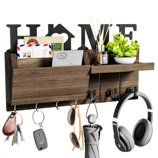 Wooden Key And Letter Rack In Natural Wood Style - Layered Storage Rack With 7 Hooks - Suitable For Living Rooms, Corridors, Small Item Storage Boxes, Home Decoration, Multifunctional Storage Boxes, Wall Storage Racks, Entrances, Corridor Decoration