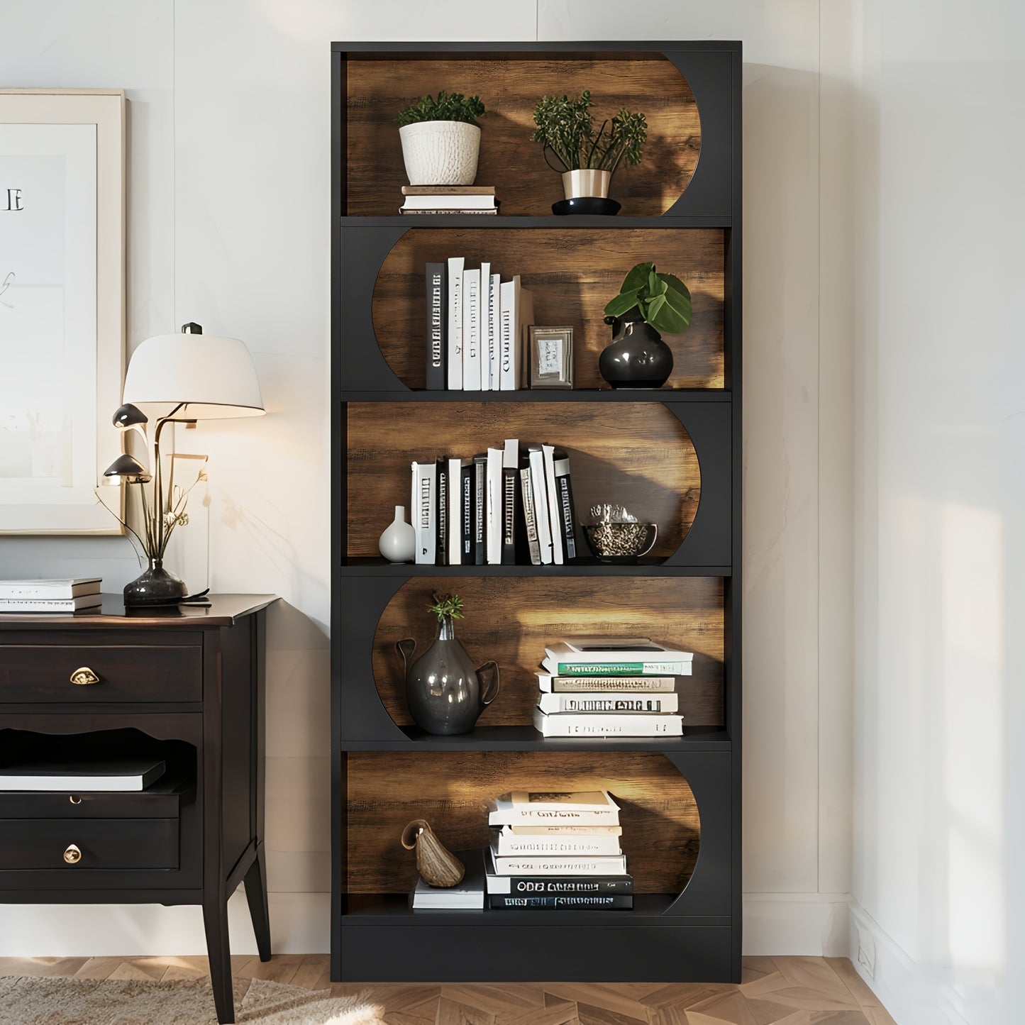 5 Tier Bookcase, Farmhouse Book Shelf with Storage, 70.87\