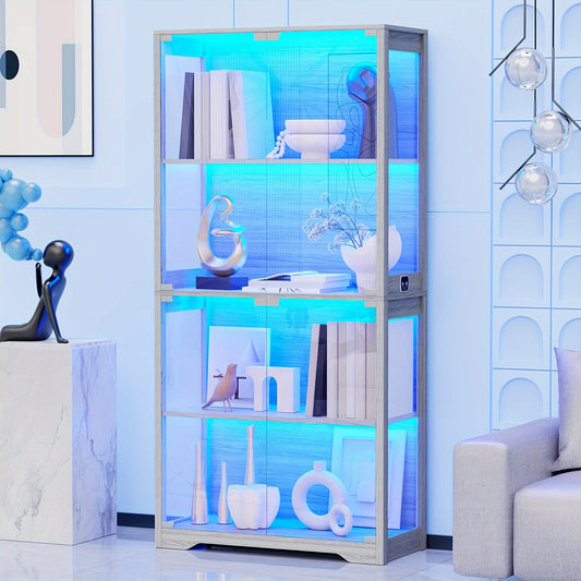 Antique Display Cabinet Antique Display Cabinet with Glass Door, 3-Color Light, 4-Layer Bookshelf - Suitable for Collectors, Game Room, Bedroom, Study