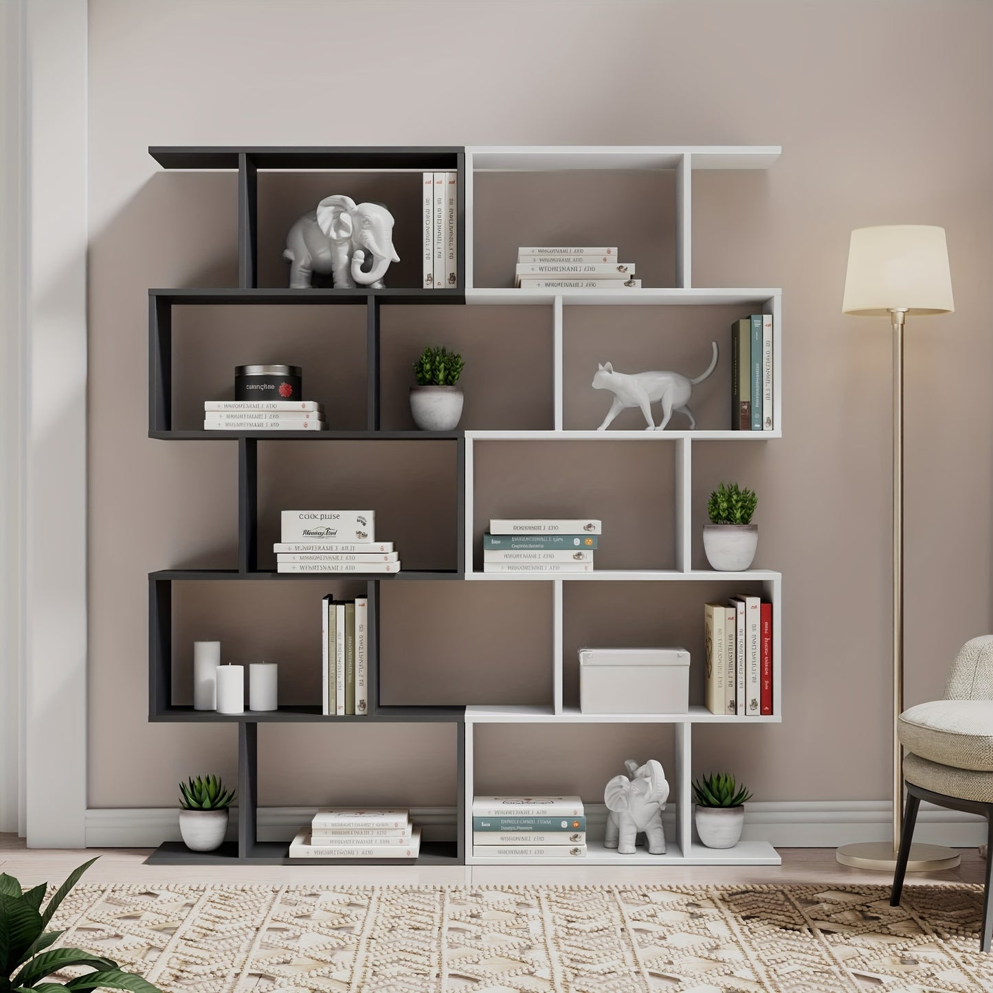 Aurorome 5-Tier Wooden Geometric S-Shaped Bookcase, Set Of 2 Storage Rack with Open Shelves, Shelving for Plant Album, Trinket Display, Spacious Storage Display Shelf - 62.5\