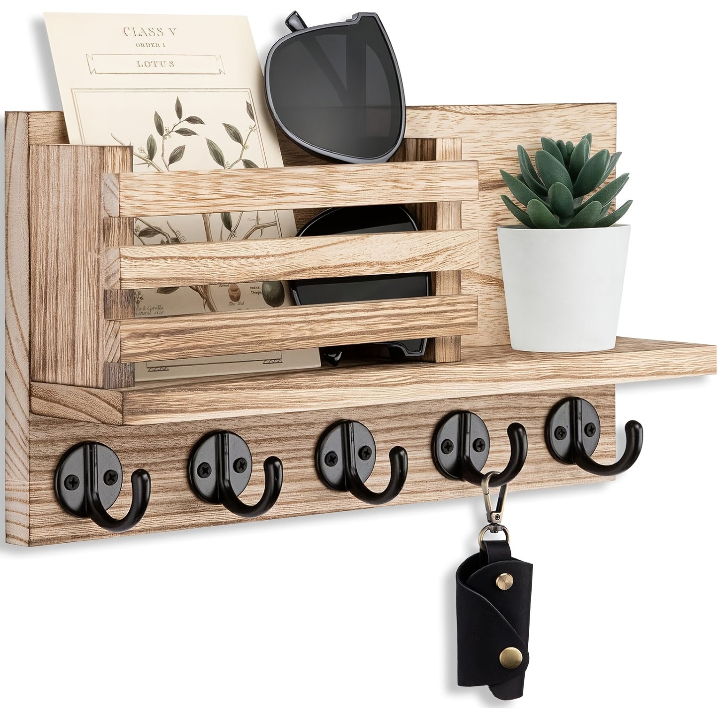 Wooden Wall Key Holder Decorative Wooden Wall Key Holder with 5 Metal Key Hooks - Paulownia Wood, Mounting Hardware and Installation Guide