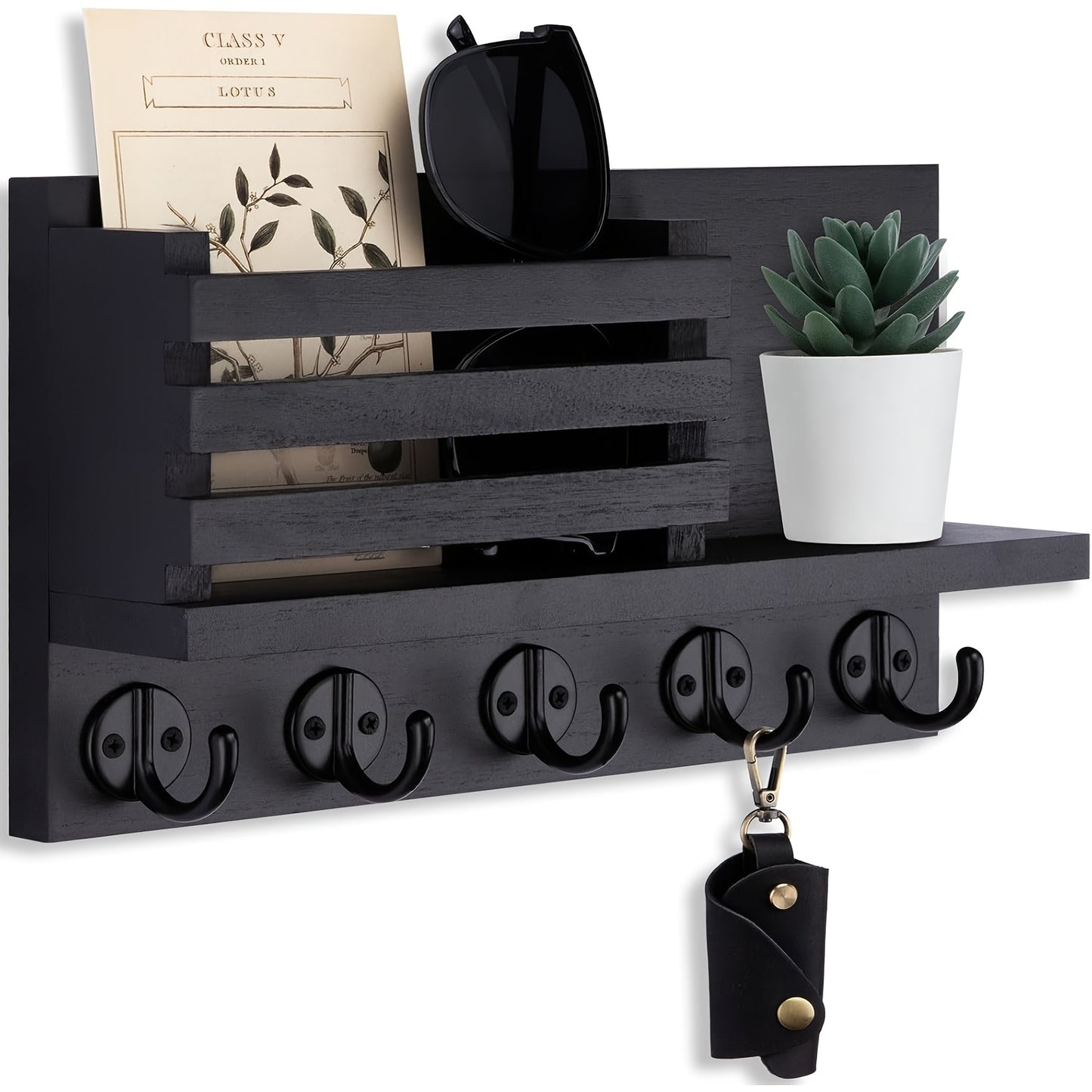 Wooden Wall Key Holder Decorative Wooden Wall Key Holder with 5 Metal Key Hooks - Paulownia Wood, Mounting Hardware and Installation Guide