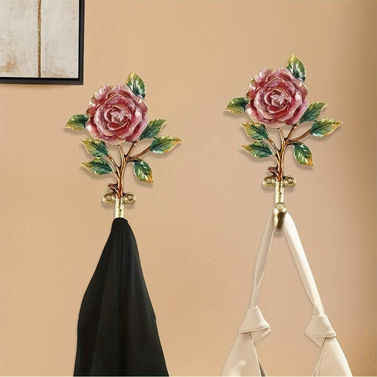 2pcs Elegant Vintage Rose Flower Metal Coat Hooks, Wall Mount Durable Coat Hangers, Fashion Style Home Decor for Indoor Clothing Storage