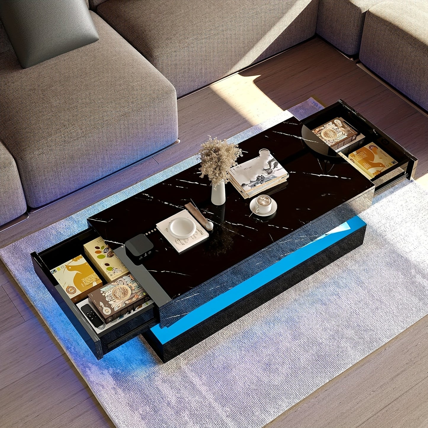 White LED Coffee Table with 2 Storage Drawers, Modern High Gloss Coffee Table w\u002F20 Colors LED Lights, 2 Tiers Rectangle Center Table for Living Room with Marbling Print, APP Control, Black