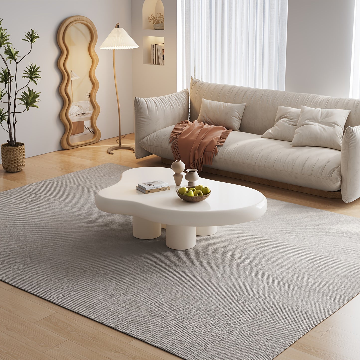Modern White Cloud Tea Table - Unique Irregular Shape, 4-Leg Design for Living Room or Coffee Area, 35.82 Inches, Minimalist Style with Rounded Edges and Sleek Finish APPLE