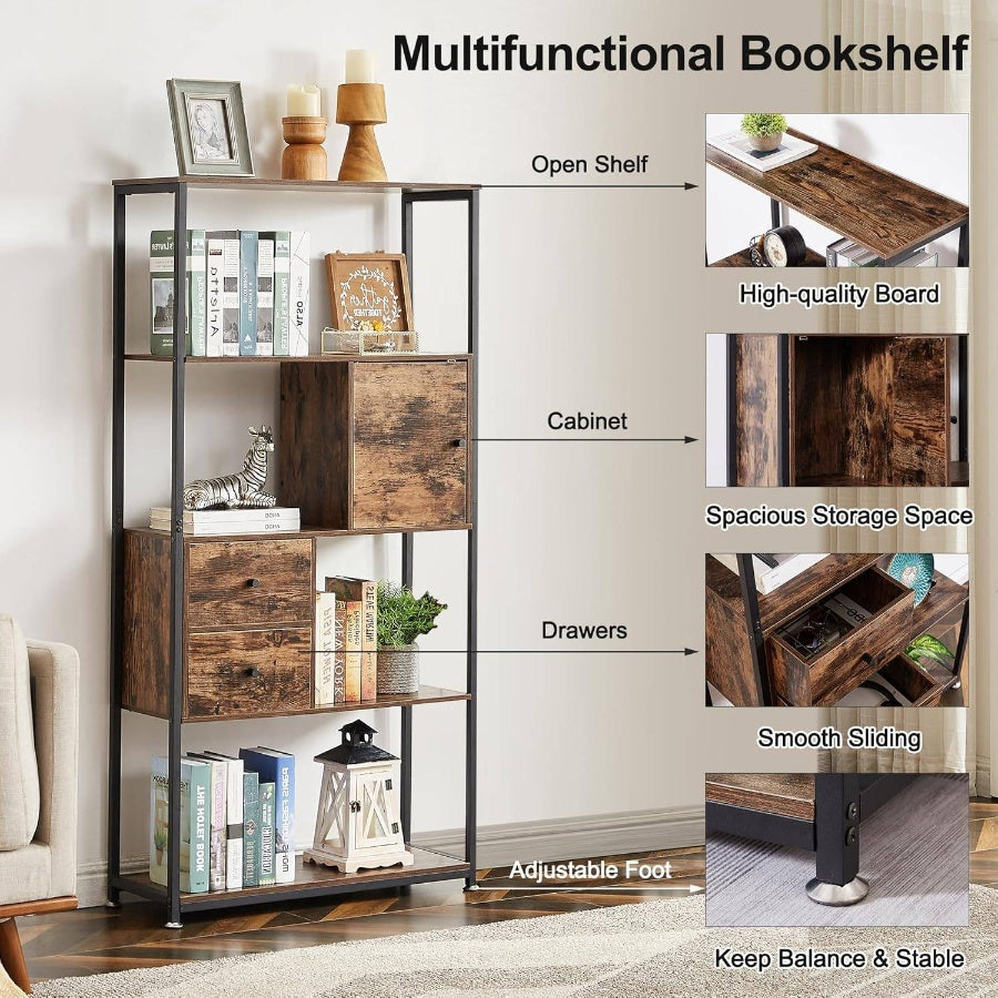 5 - Tier Bookshelf, Bookcase with 2 Storage Drawers and 1 Cabinet, Wooden Shelf with Metal Frame Open Book Shelves Standing Shelf Unit Living Room, Bedroom, Office