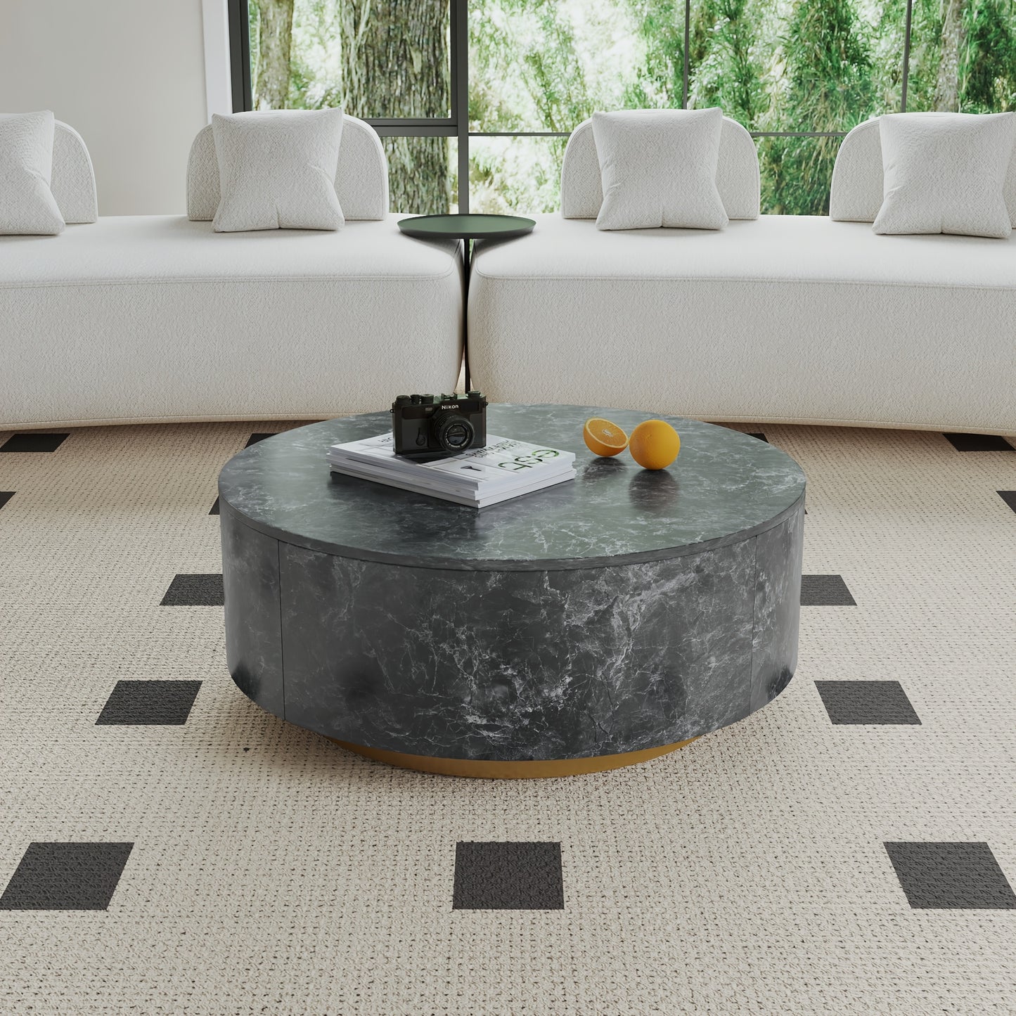 1pc Sdorens Modern Round Coffee Table with 2 Drawers - Sintered Stone Top, Golden Base, Wood Construction, Independent Center Table for Living Room, Fully Assembled, Black, Under 27\