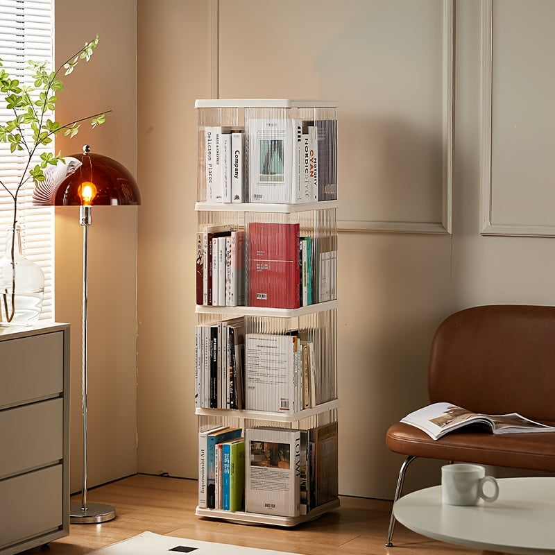 SYNCVIBE Rotating Bookshelf, Small Corner Bookshelf For Small Space, 360 Display 4 Tier Floor Standing Bookcase, Plastic Narrow Book Shelf Organizer For Bedroom, Living Room, White