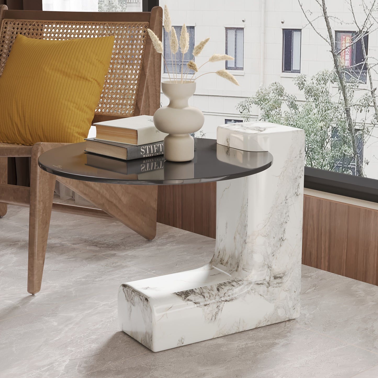 Modern Round Nesting Coffee Tables Set Of 2, Round Coffee Table For Living Room, Coffee Tables With Faux Marble Texture Surface And C-Shaped Side Table, Nesting Coffee Tables For Living Room, Apartment, Bedroom