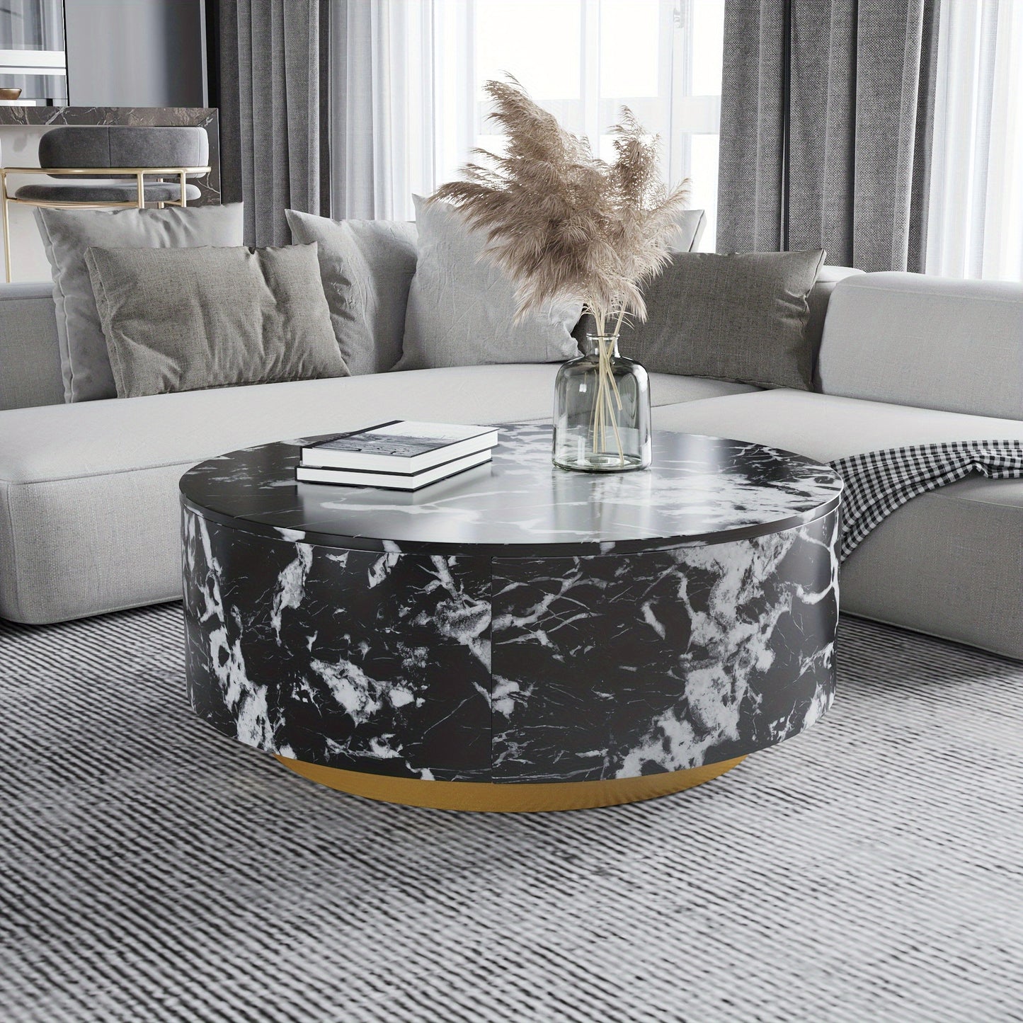 1pc Sdorens Modern Round Coffee Table with 2 Drawers - Sintered Stone Top, Golden Base, Wood Construction, Independent Center Table for Living Room, Fully Assembled, Black, Under 27\