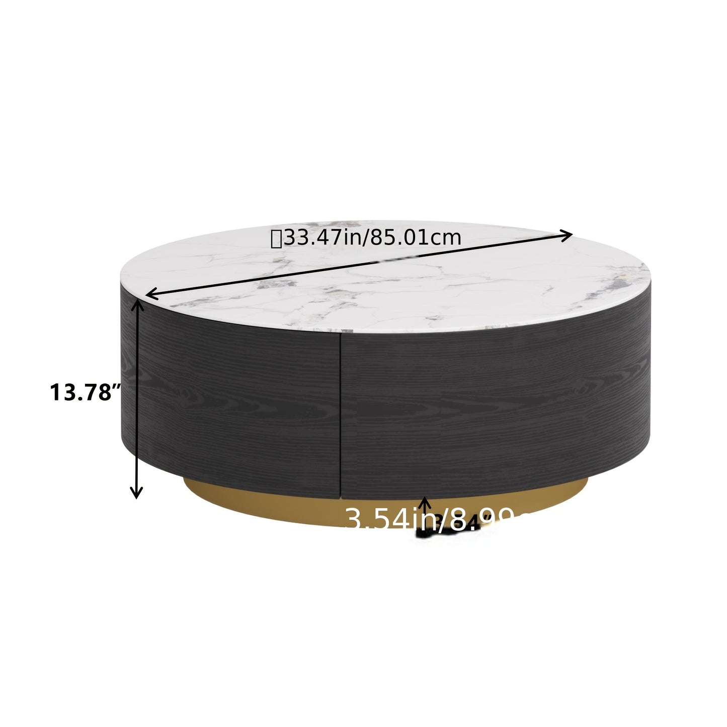 1pc Sdorens Modern Round Coffee Table with 2 Drawers - Sintered Stone Top, Golden Base, Wood Construction, Independent Center Table for Living Room, Fully Assembled, Black, Under 27\