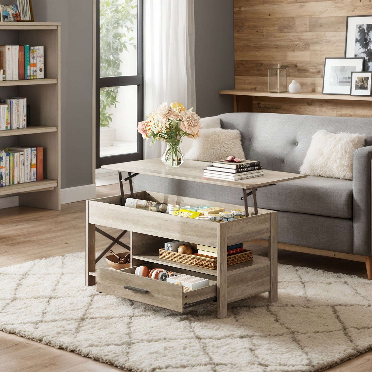 Lift Top Coffee Table for Living Room, Coffee Table with Storage, Hidden Compartment And Metal Frame, Central Table for Reception Room