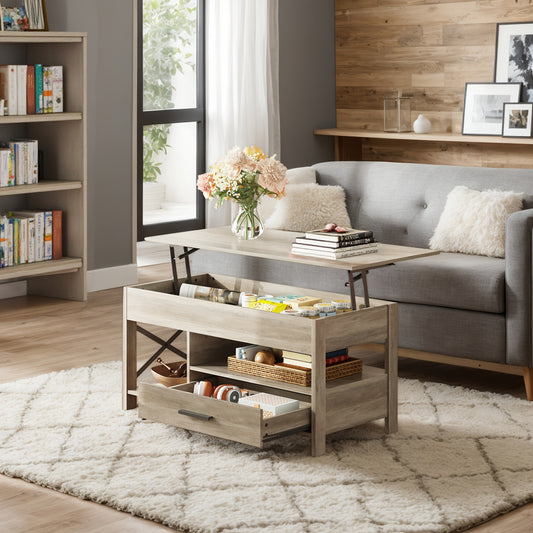 Lift Top Coffee Table for Living Room, Coffee Table with Storage, Hidden Compartment And Metal Frame, Central Table for Reception Room