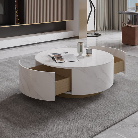 1pc Sdorens Modern Round Coffee Table with 2 Drawers - Sintered Stone Top, Golden Base, Wood Construction, Independent Center Table for Living Room, Fully Assembled, Black, Under 27\
