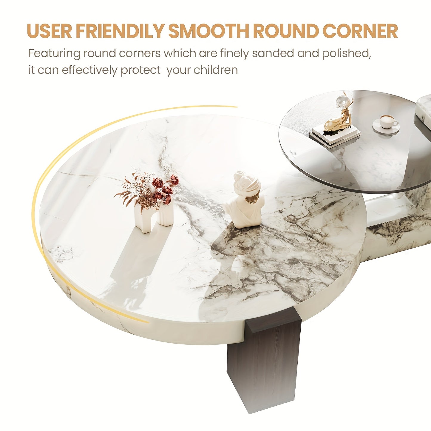 Modern Round Nesting Coffee Tables Set Of 2, Round Coffee Table For Living Room, Coffee Tables With Faux Marble Texture Surface And C-Shaped Side Table, Nesting Coffee Tables For Living Room, Apartment, Bedroom